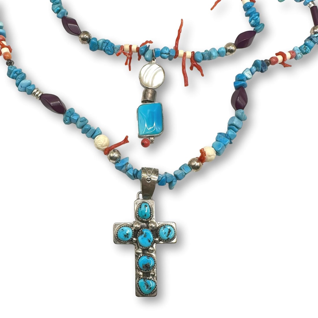 Southwestern Tommy Moore Turquoise, Coral and Sterling Silver Double Stand Necklace (1 of 9)