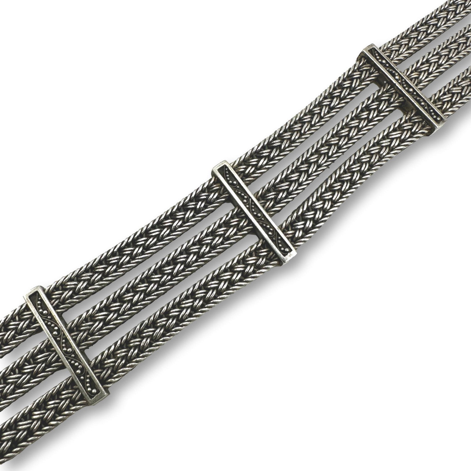 Lois Hill Sterling Silver Choker: Measures 14 1/2" from end to end. Width 1". Weighs 113.7 grams. Refer to photos for additional condition information as they are a part of the description. Please note lots may show signs of wear comm