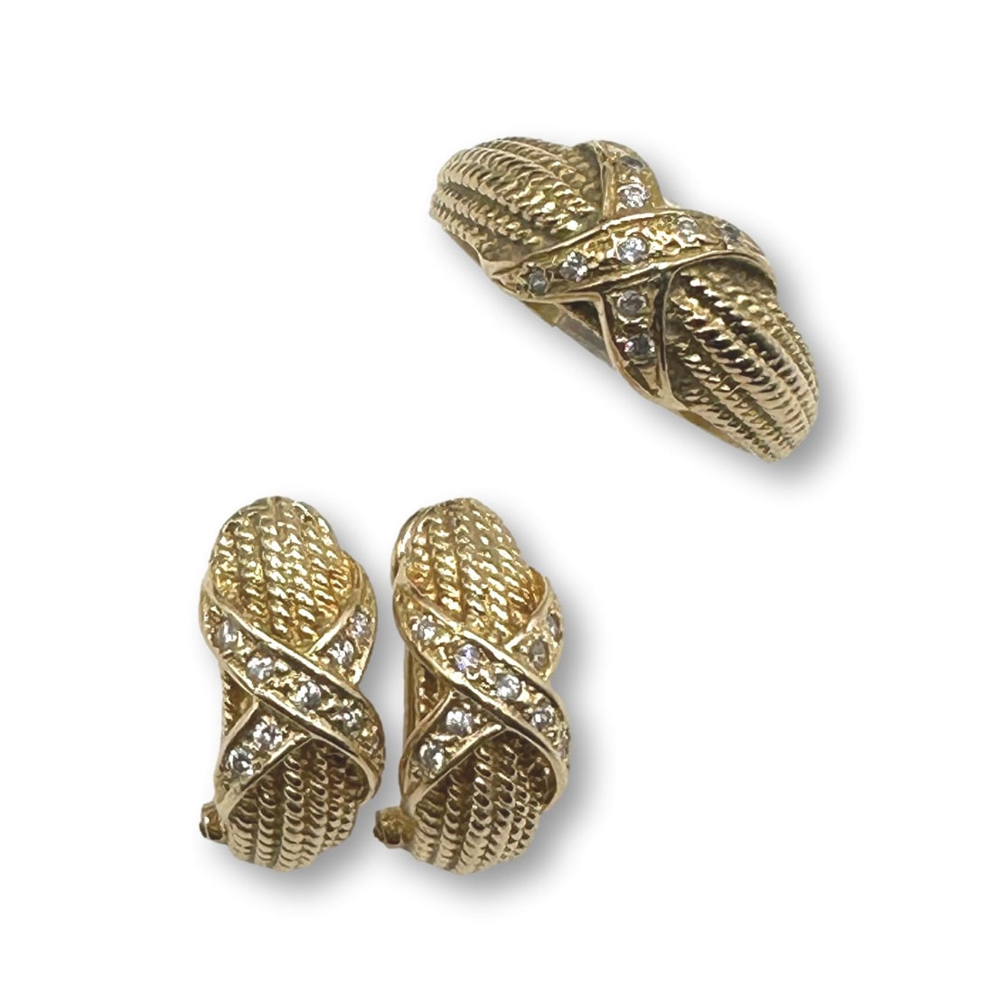 Matched Set of 14K Gold and Diamond Rope Knot Earrings and Ring (1 of 7)