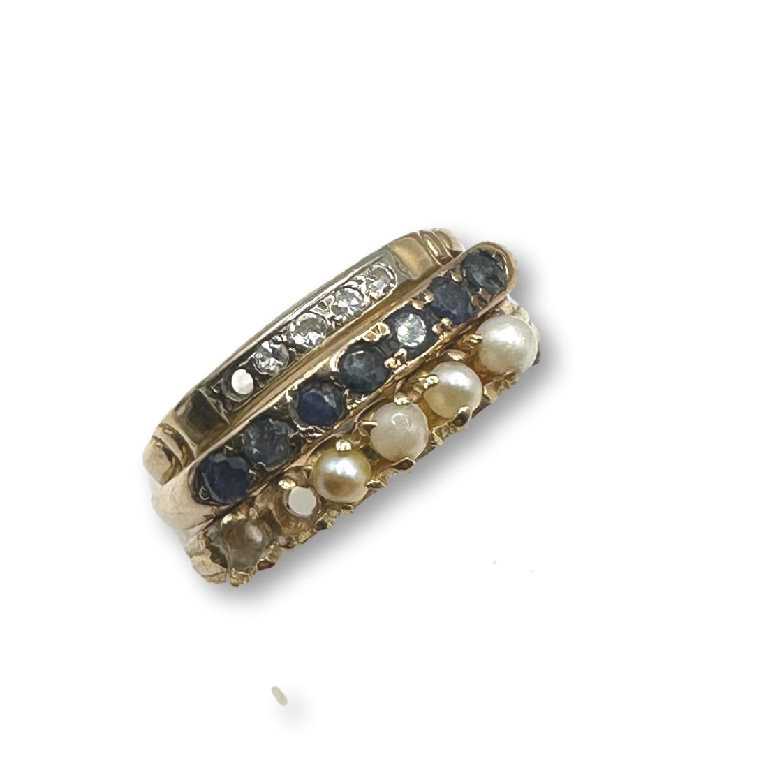 Trio of Stackable 14K Gold Rings: Note missing stones in photos. Rings vary in size from7 1/4 to 8. Total weight is 3.7 grams. Refer to photos for additional condition information as they are a part of the description. Please note lot
