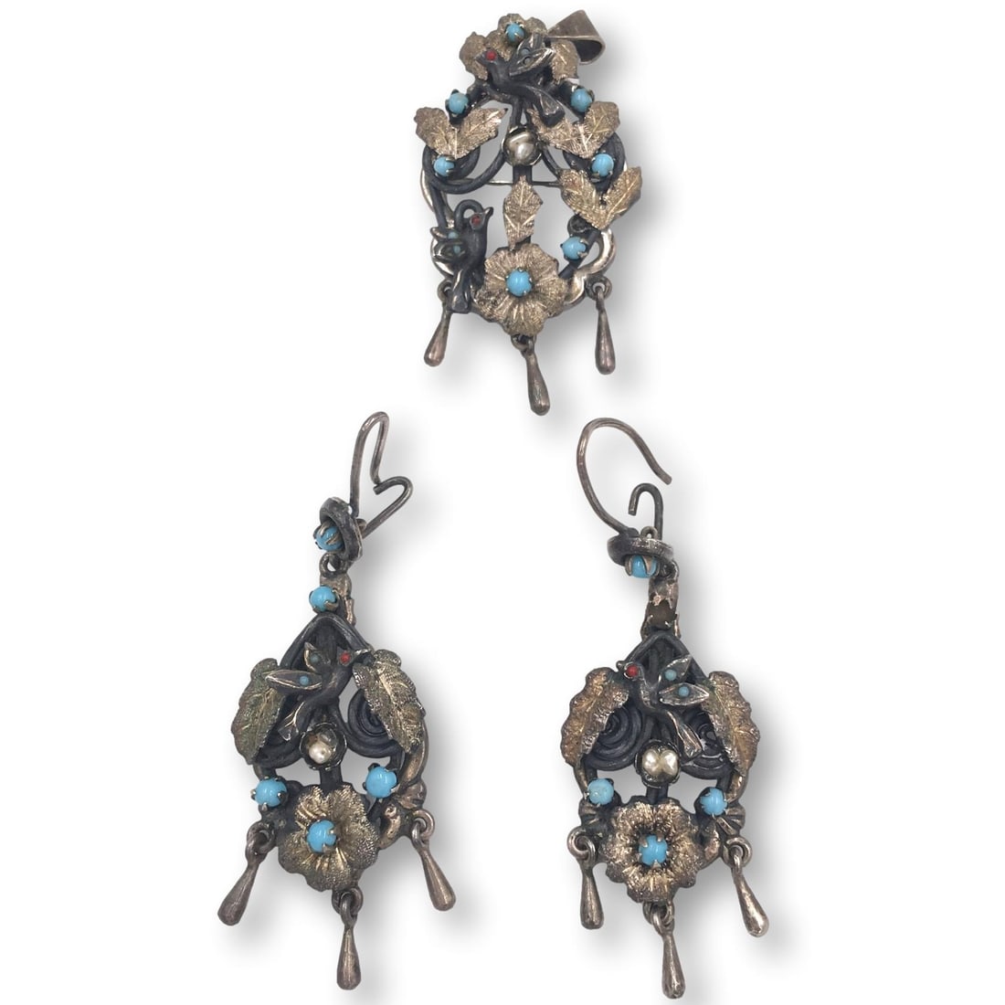 Vintage Sterling Silver Earrings and Ring with Birds and Flowers (1 of 9)