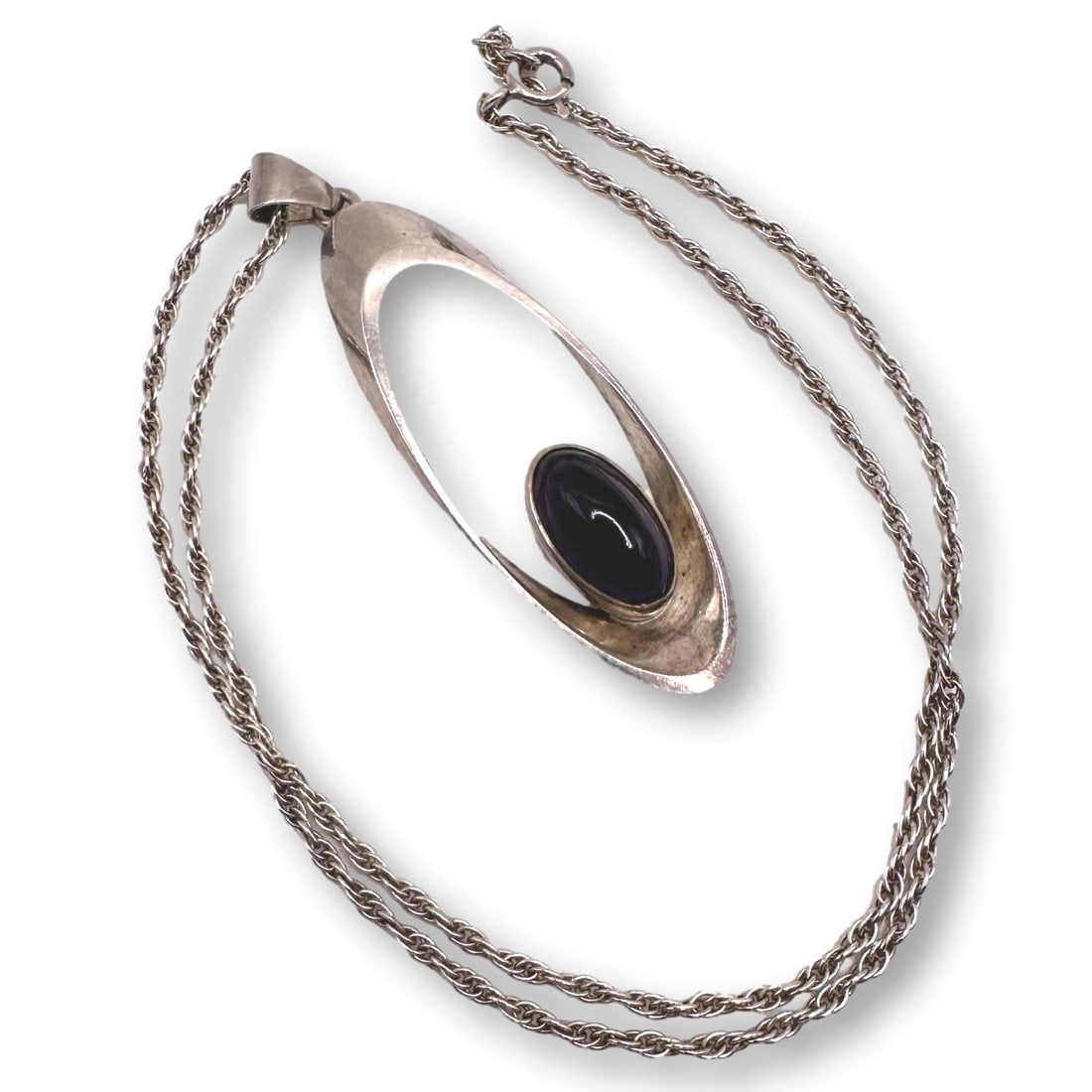 Signed Modernist Danish Sterling Silver Necklace with Amethyst Cabochon (1 of 3)