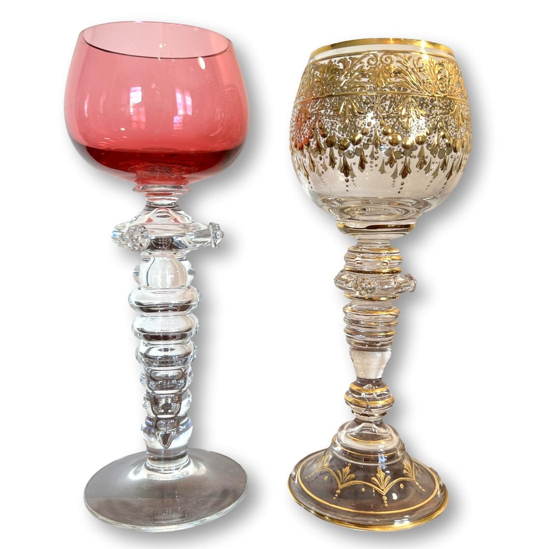 Pair of Venetian Glass and Moser Style Goblets with Two Cut-to-Clear Cordials (1 of 11)