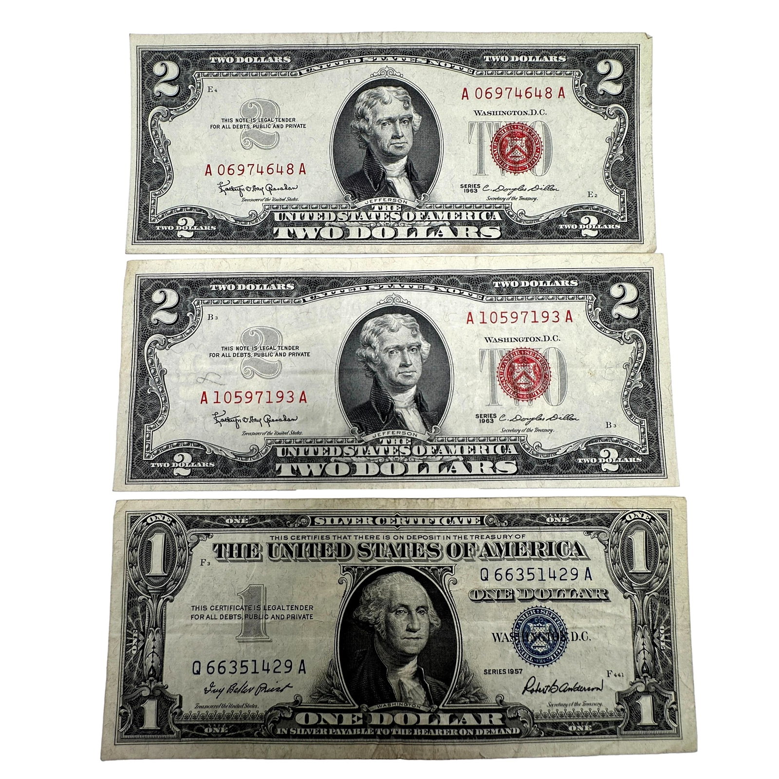 Two Series 1963 $2 Bills with a Series 1957 $1 Silver Certificate (1 of 5)