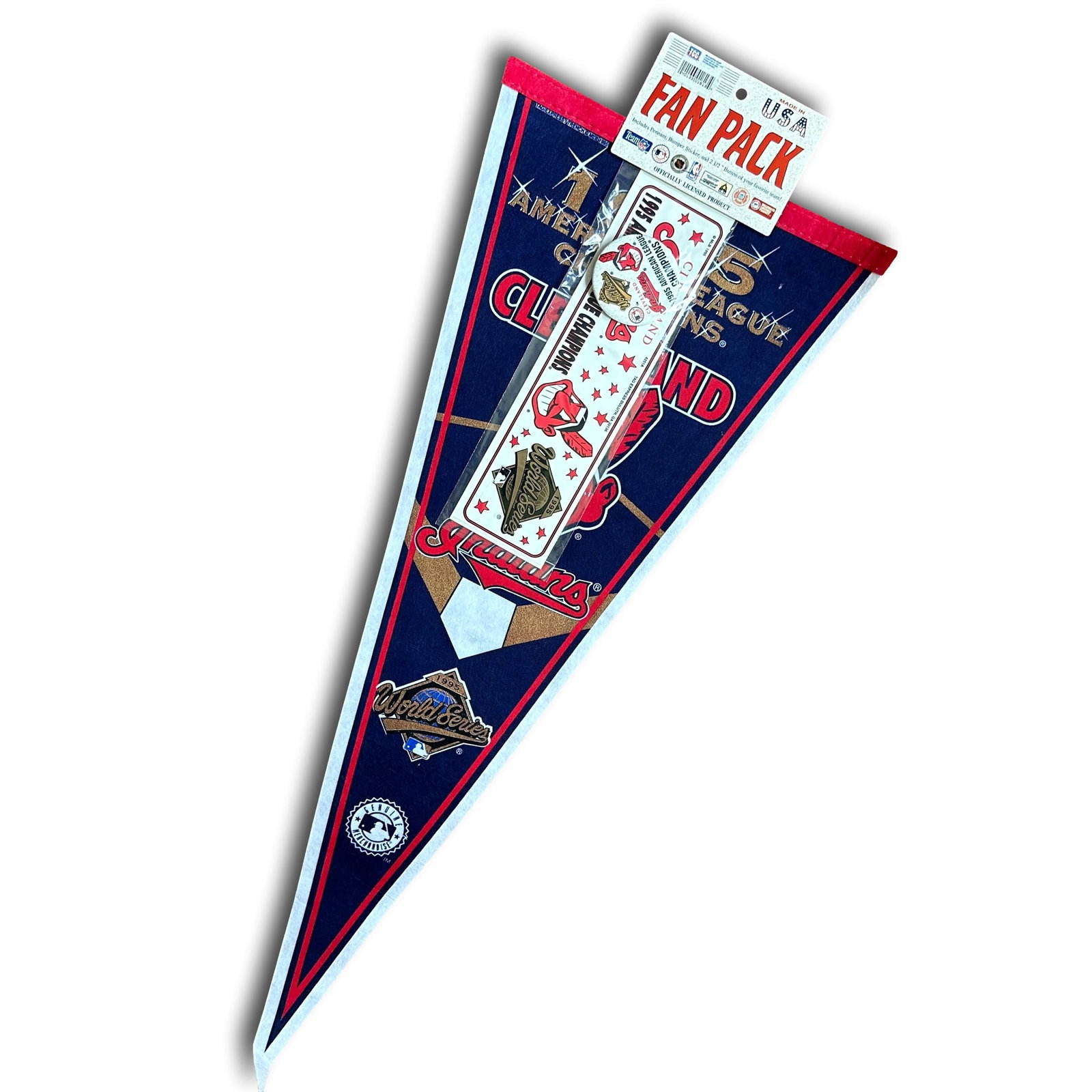 Cleveland Indians 1995 American League Champions Pennant with Bumper Sticker & Button: Refer to photos for additional condition information as they are a part of the description. Please note lots may show signs of wear commensurate with age and use, and the lack of a statement regarding