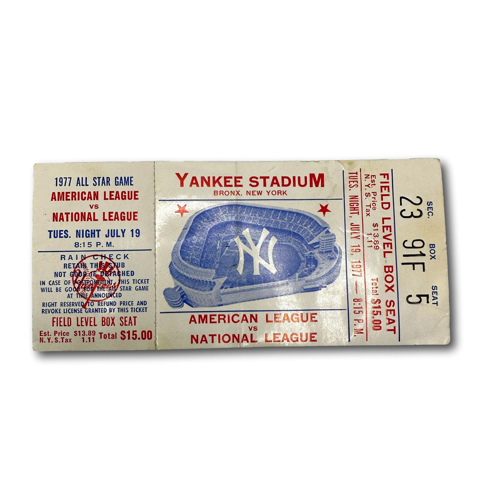 1977 All Star Game American League Vs National League Yankee Stadium Ticket (1 of 2)