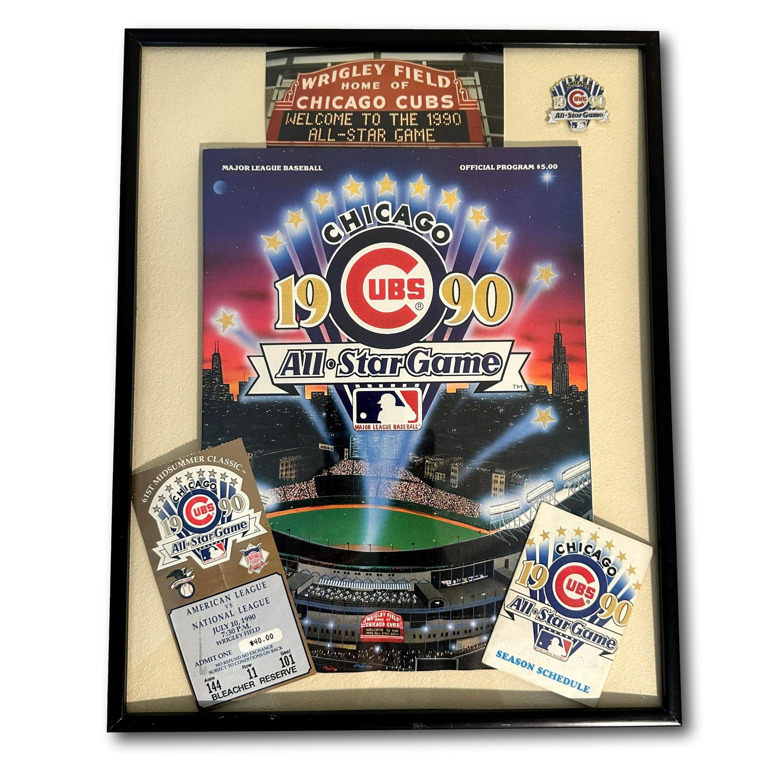Framed 1990 Cubs All Star Game Program, Ticket, Pin, and Schedule (1 of 7)