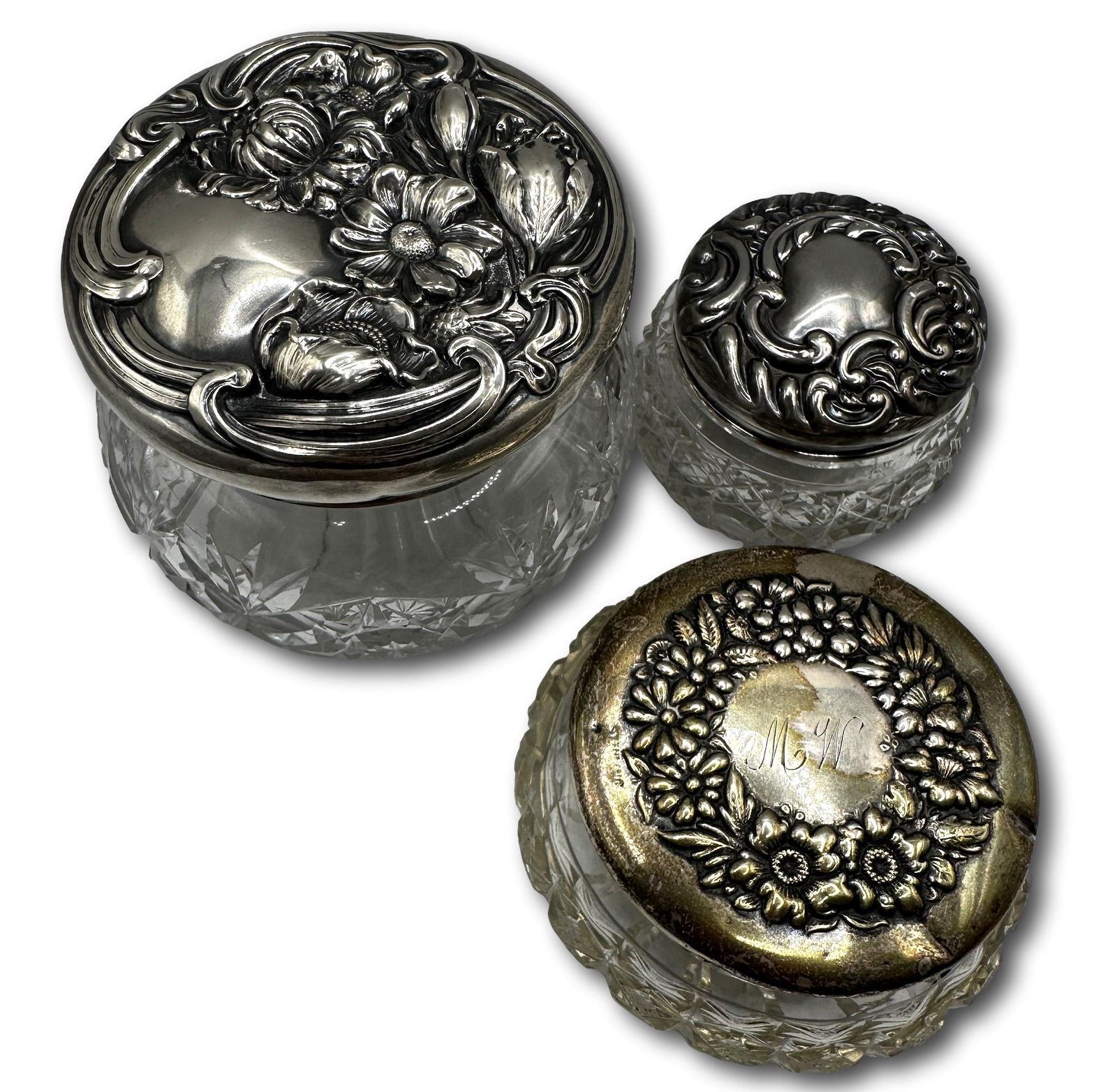 Three Antique Sterling Silver & Cut Crystal Dresser Jars (1 of 16)