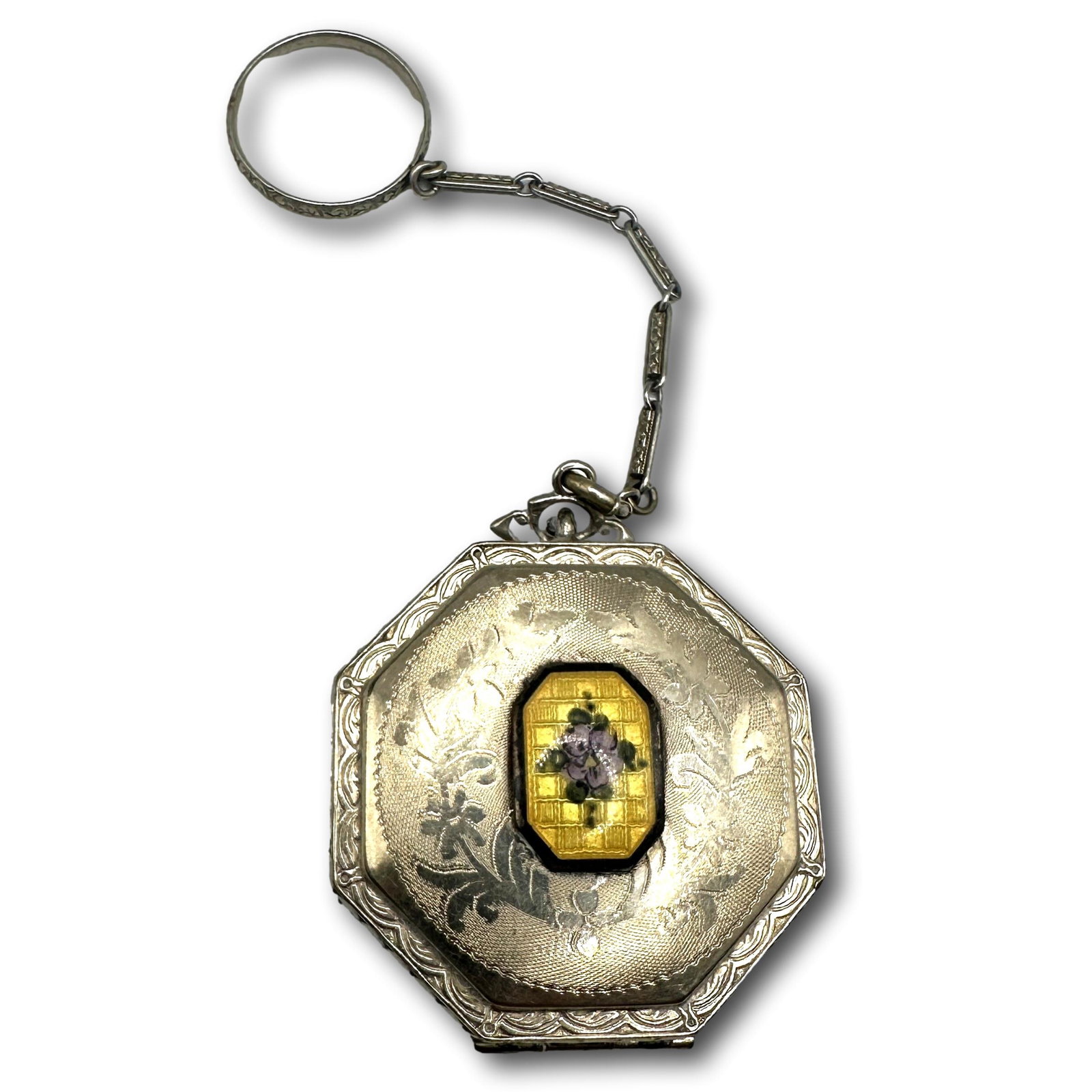 Sterling Silver and Enamel Chatelaine White Gold Plated Mini Compact: Weighs 47 grams. Measures 1 3/4" in diameter. Refer to photos for additional condition information as they are a part of the description. Please note lots may show signs of wear commensurate with age 