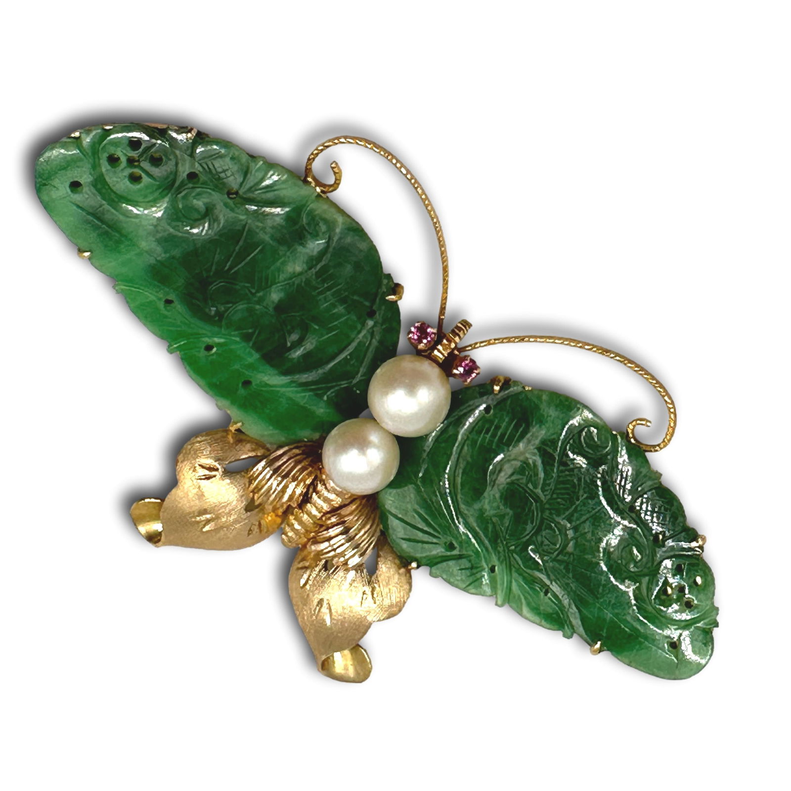 Jade, Pearl, Ruby and 14K Gold Butterfly Brooch (1 of 5)