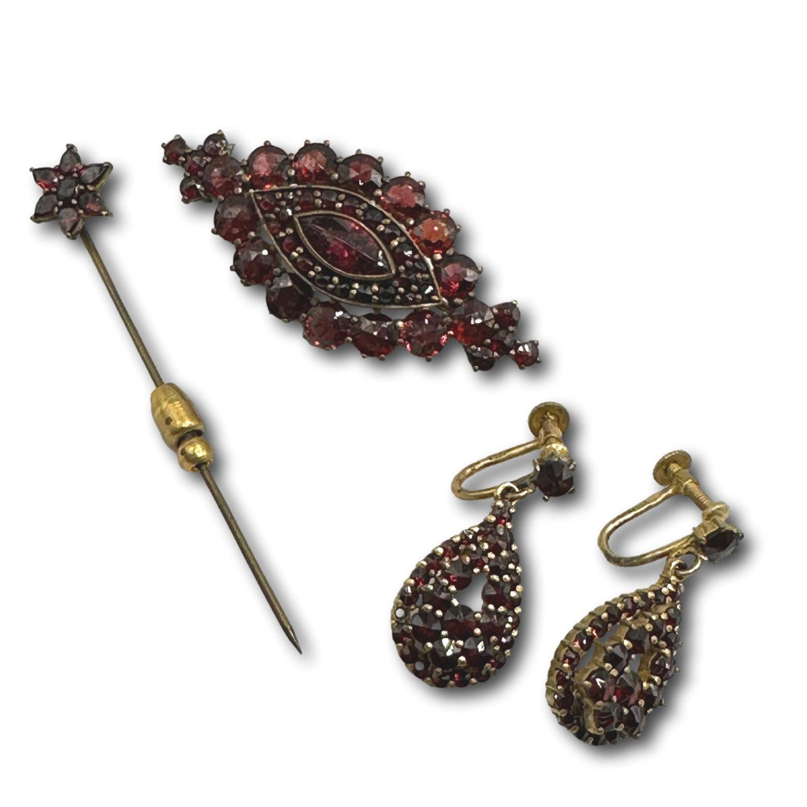 Antique Gold Washed Garnet Brooch, Stick Pin, and Earrings: Refer to photos for additional condition information as they are a part of the description. Please note lots may show signs of wear commensurate with age and use, and the lack of a statement regarding