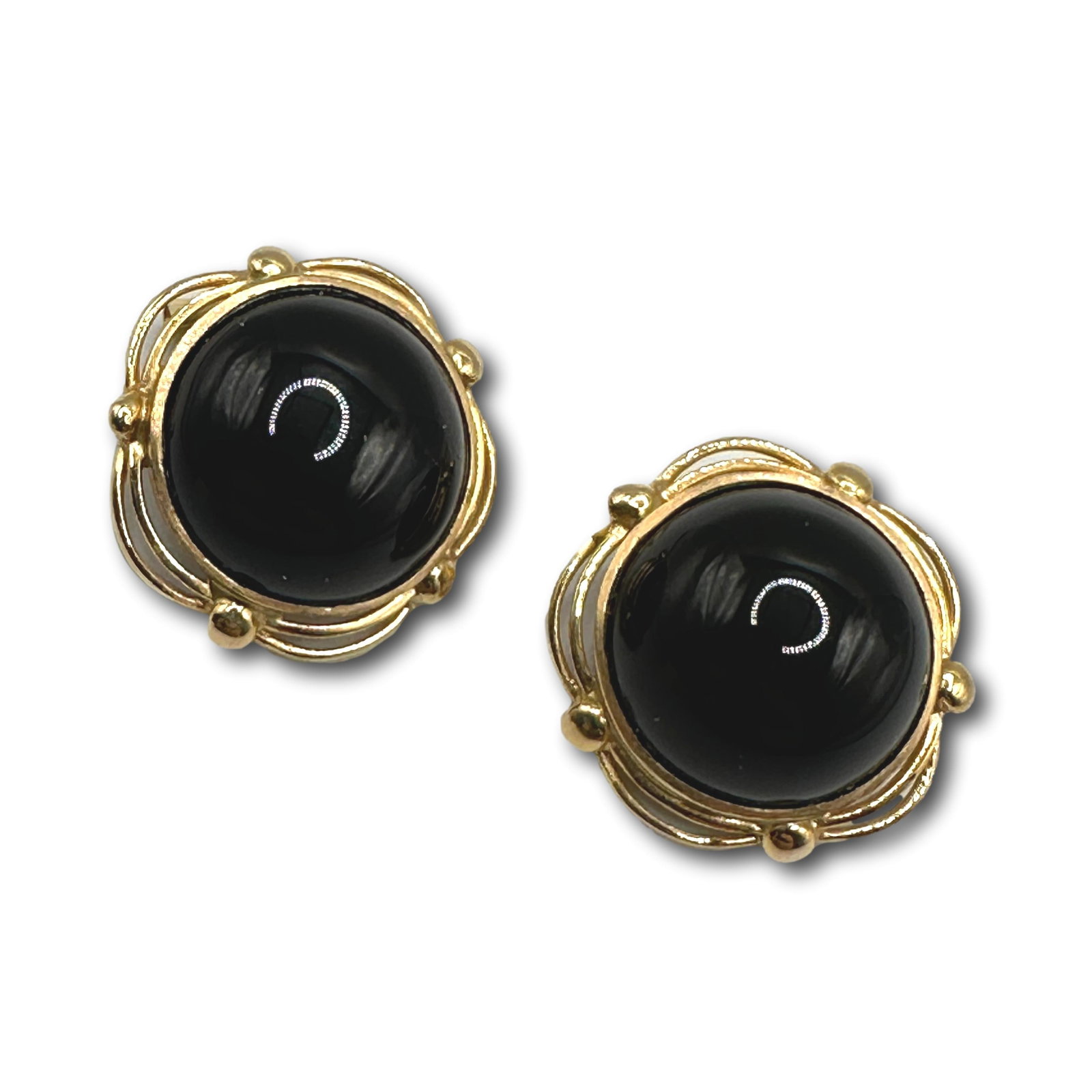 Pair of 14K Gold & Onyx Clip Earrings: Total weight 9.3 grams. Refer to photos for additional condition information as they are a part of the description. Please note lots may show signs of wear commensurate with age and use, and the lack 