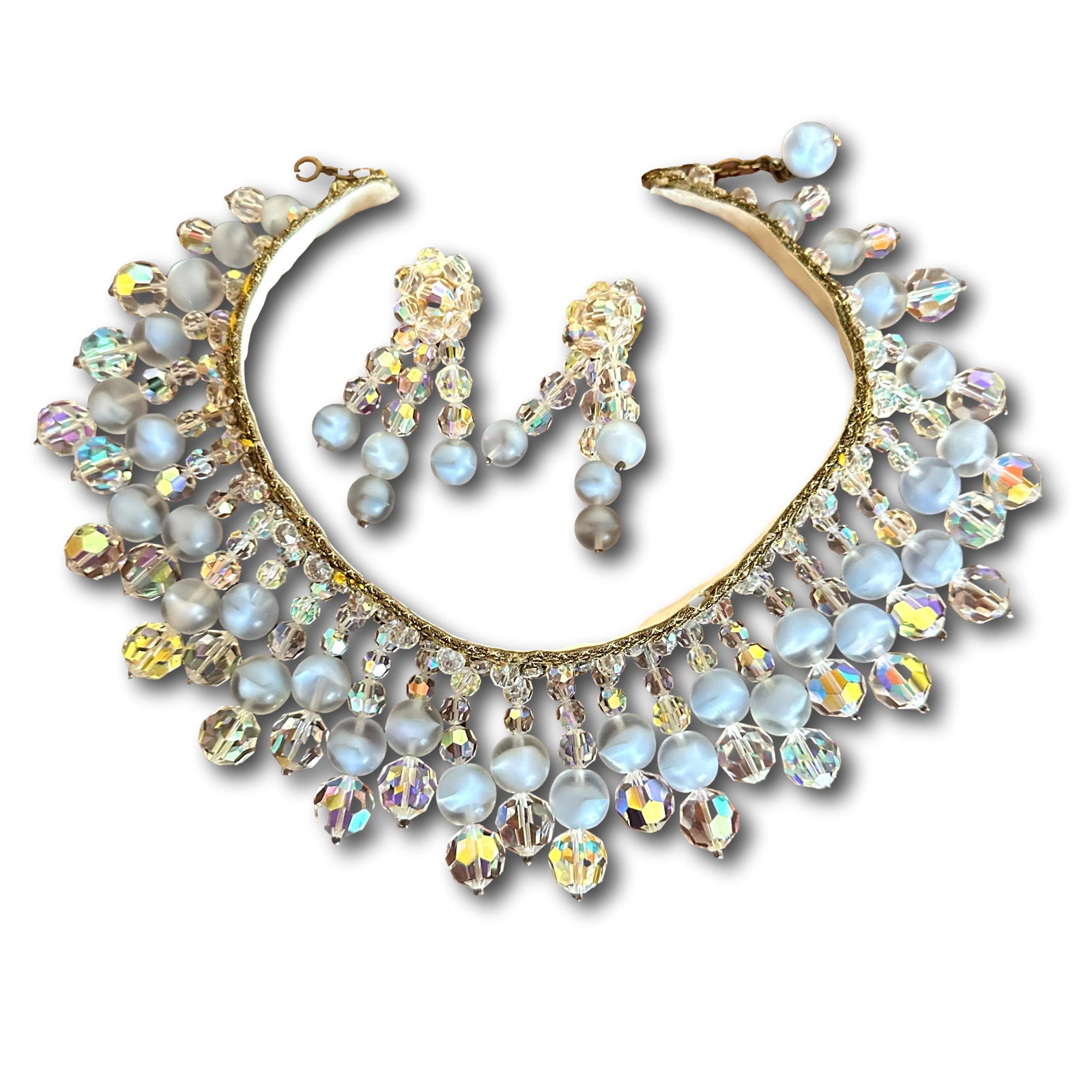 Vintage Crystal Collar Necklace with Clip Earrings: Necklace measures 14" long. Refer to photos for additional condition information as they are a part of the description. Please note lots may show signs of wear commensurate with age and use, and the l