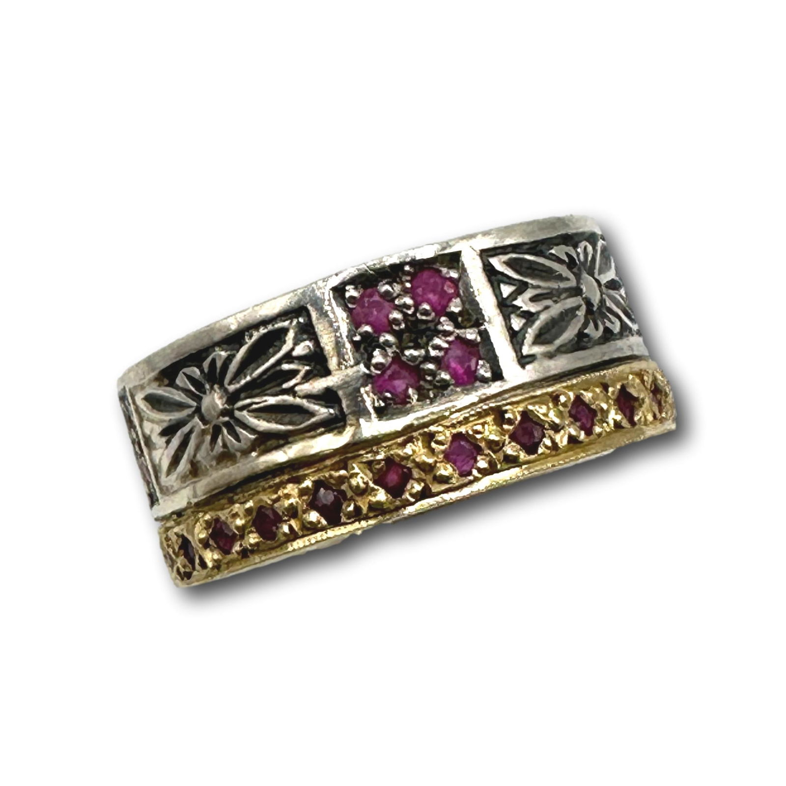 18K Gold & Sterling Silver Designer Signed Band with Rubies (1 of 9)