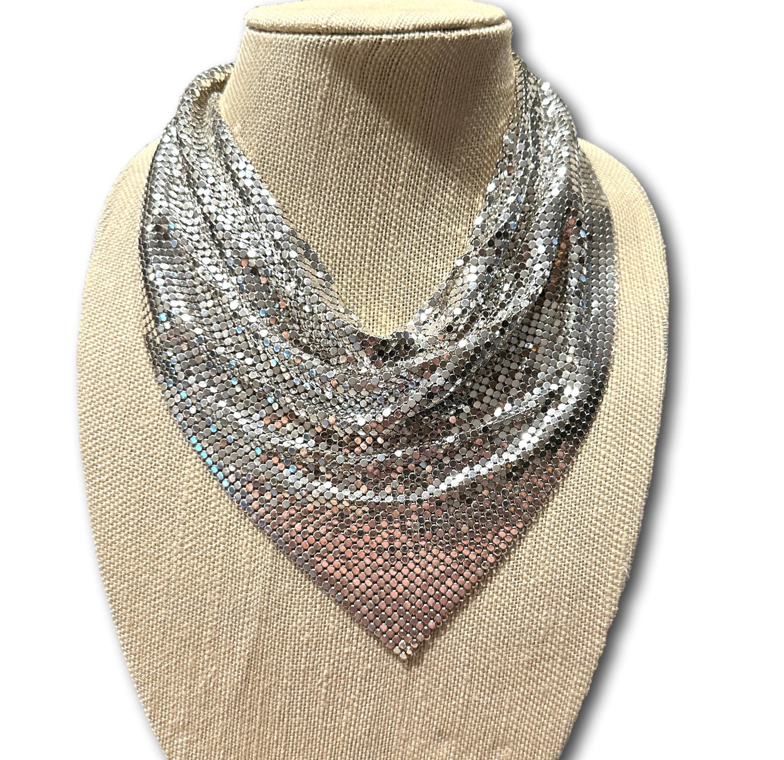Whiting Davis Silver Tone Handkerchief Choker: Measures 19" long by 9" high. Refer to photos for additional condition information as they are a part of the description. Please note lots may show signs of wear commensurate with age and use, and the