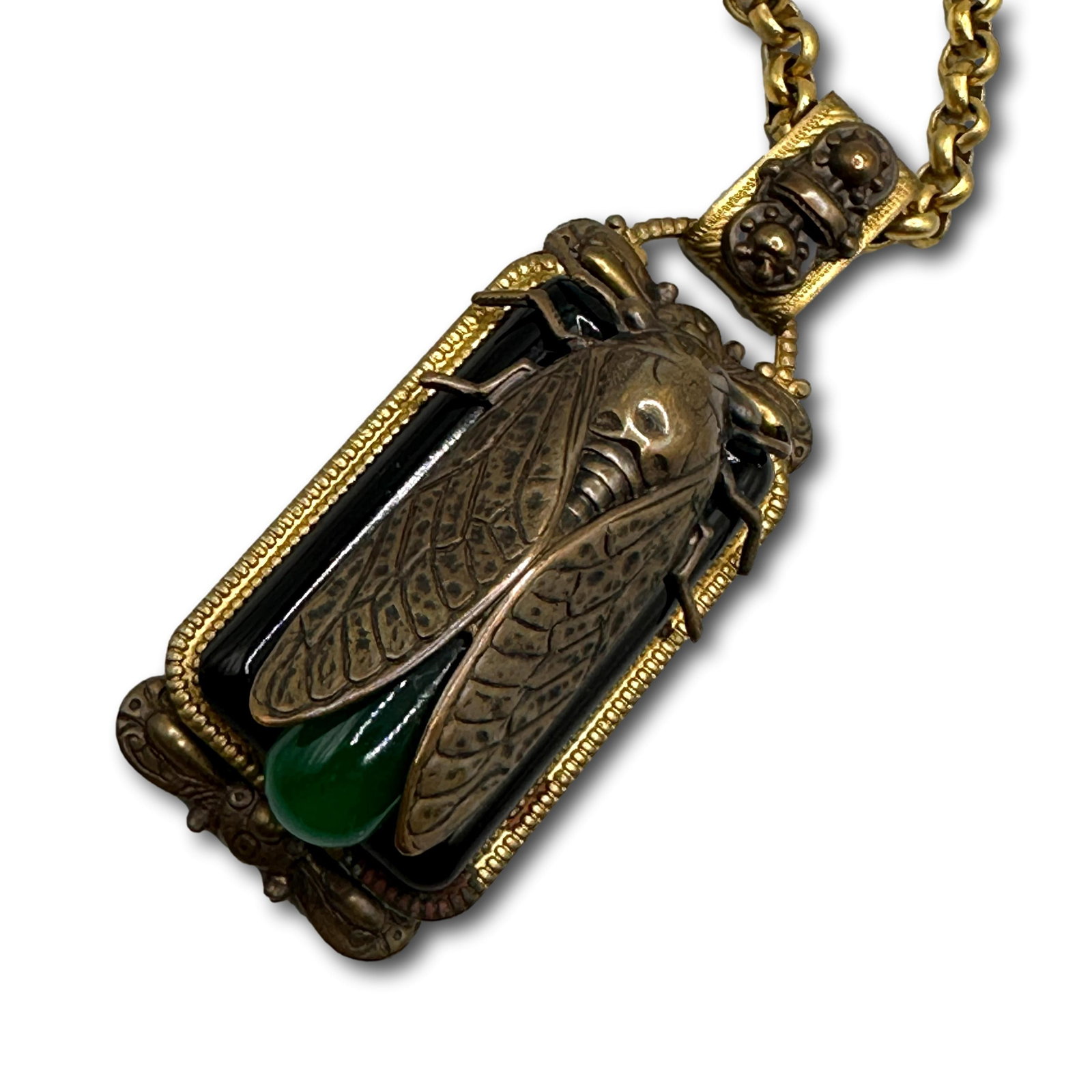 Egyptiana Beetle Scarab Pendant Necklace: Chain measures 29" long. Scarab plus bale measures 3" tall. Refer to photos for additional condition information as they are a part of the description. Please note lots may show signs of wear commensu