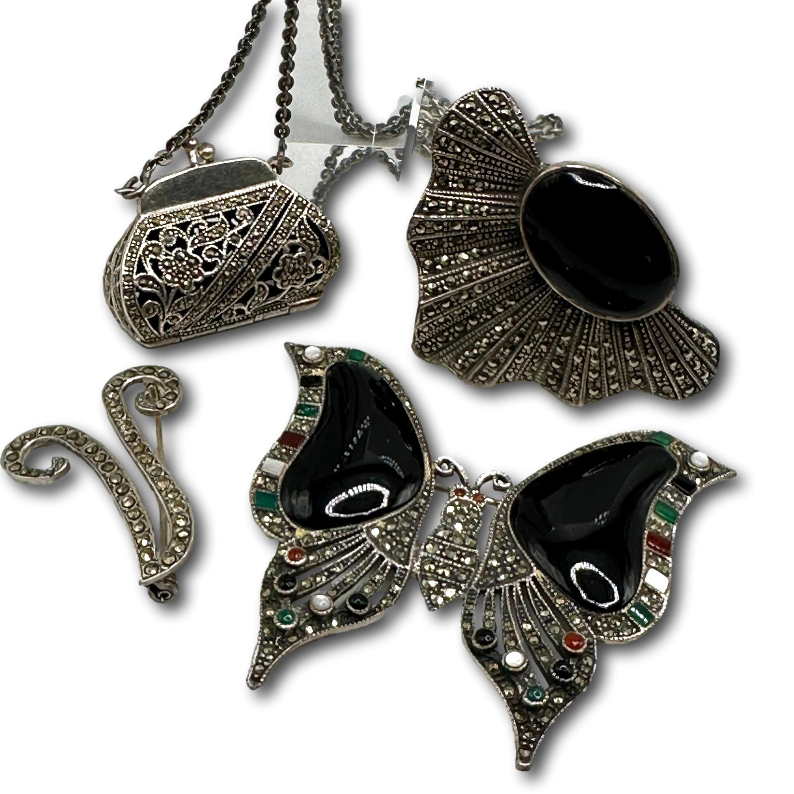 Marcasite Pieces Including Sterling Silver Bejeweled Butterfly: Chain measures 24" from end to end. Purse on chain not marked, suspect it is NOT sterling silver. Refer to photos for additional condition information as they are a part of the description. Please not