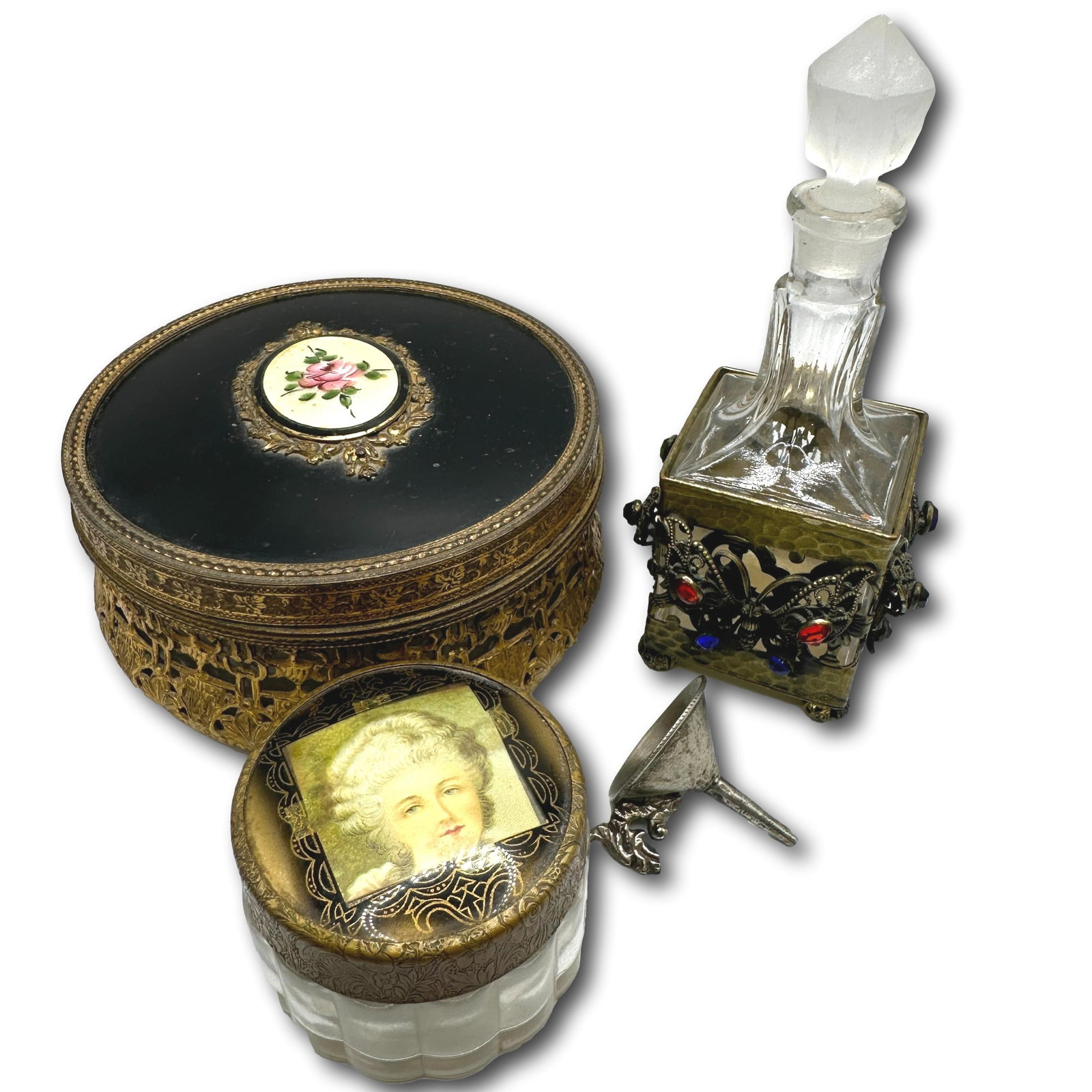 Decorative Vanity Items and Jeweled Scent Bottle: Refer to photos for additional condition information as they are a part of the description. Please note lots may show signs of wear commensurate with age and use, and the lack of a statement regarding