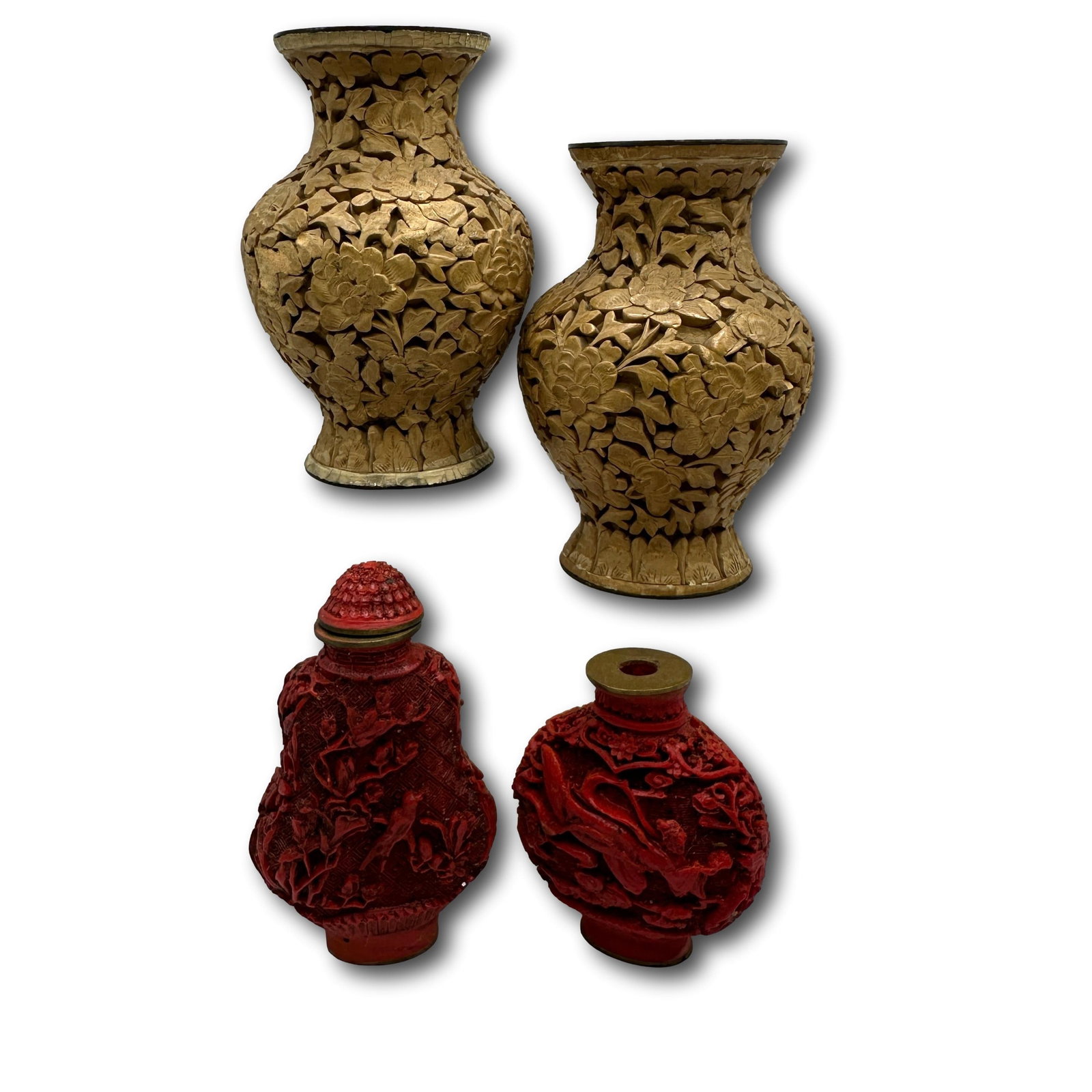 Vintage Chinese Vases and Snuff Bottles: Snuff bottles are plastic. Refer to photos for additional condition information as they are a part of the description. Please note lots may show signs of wear commensurate with age and use, and the la
