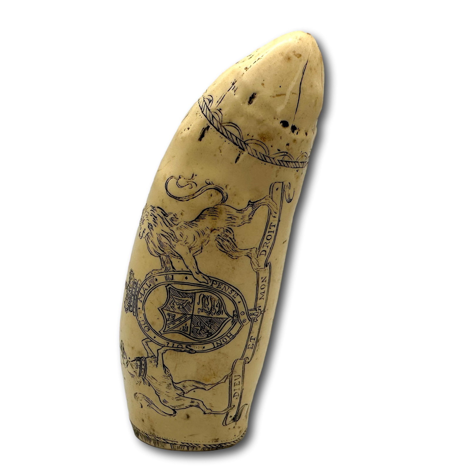 Reproduction Scrimshaw Whale Tooth: Refer to photos for additional condition information as they are a part of the description. Please note lots may show signs of wear commensurate with age and use, and the lack of a statement regarding
