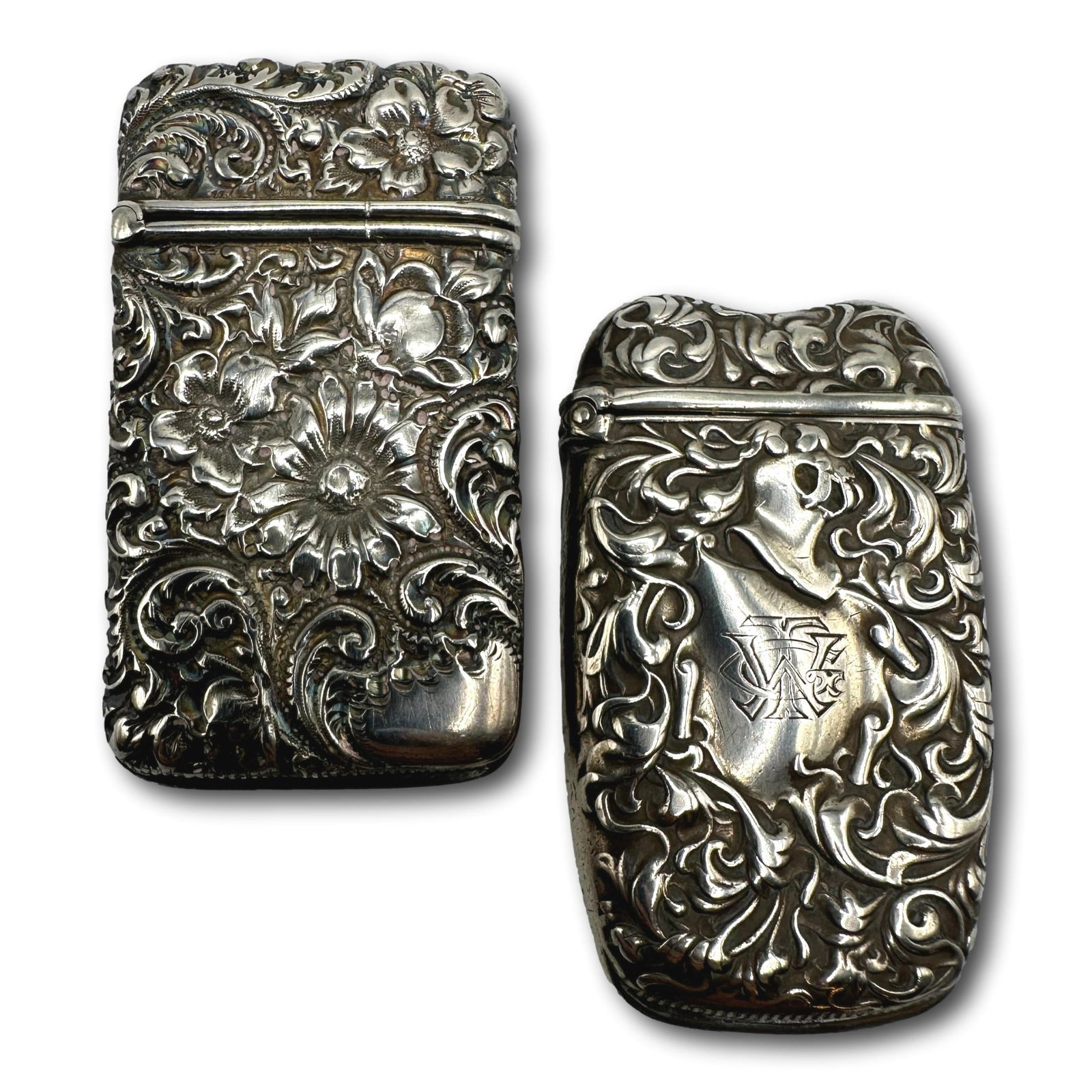Pair of Repousse Art Nouveau Sterling Silver Vesta Match Safes (1 of 9)