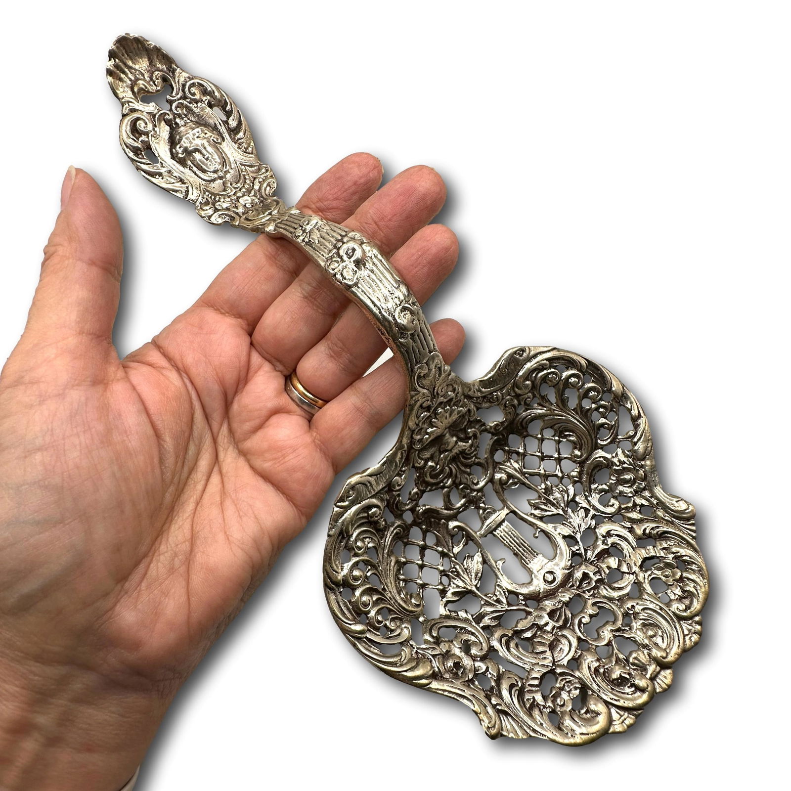 Huge Antique 800 Silver Harp, Flower & Bacchus Face Ornate Spoon (1 of 11)