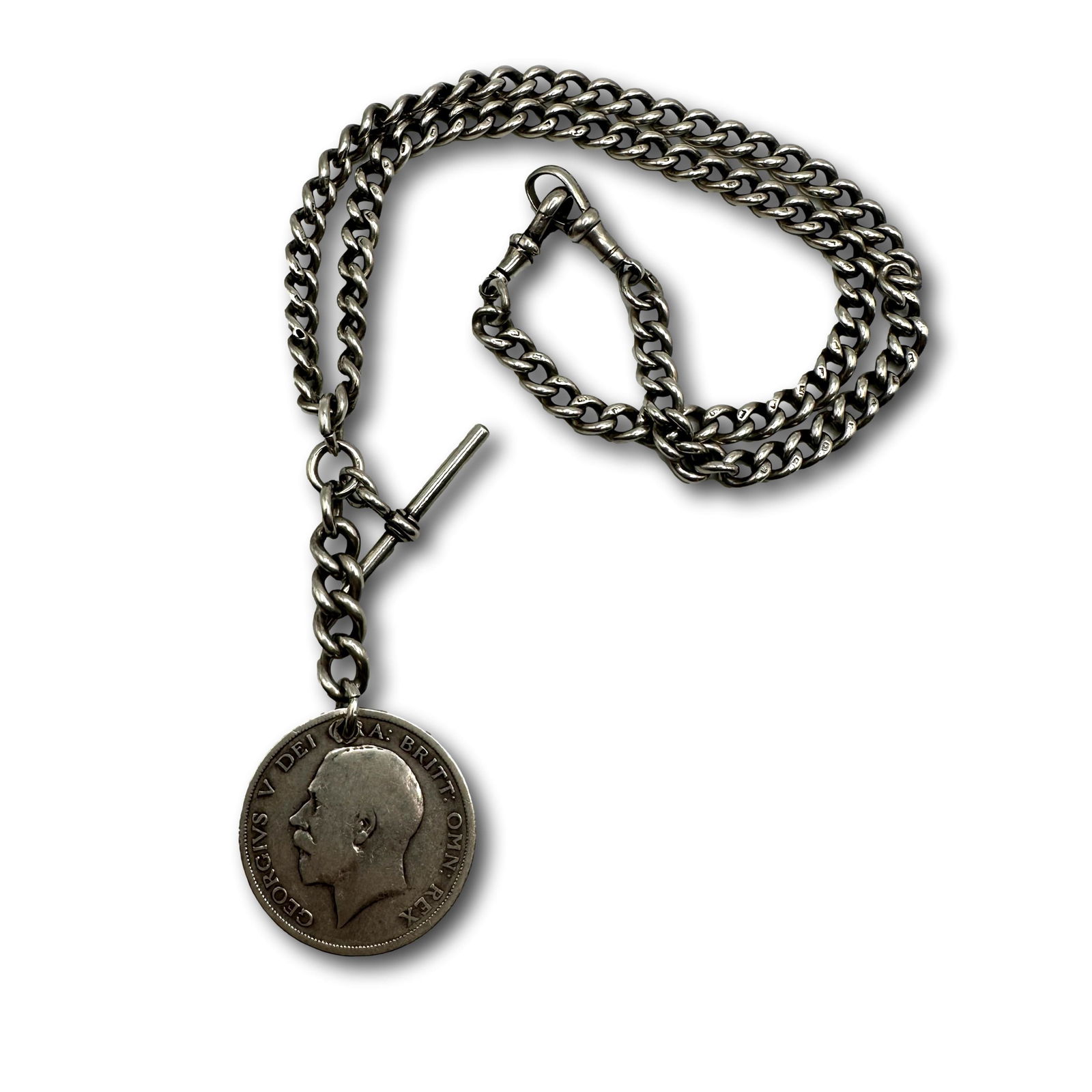 Antique English Sterling Silver Watch Chain with 1918 Coin (1 of 8)