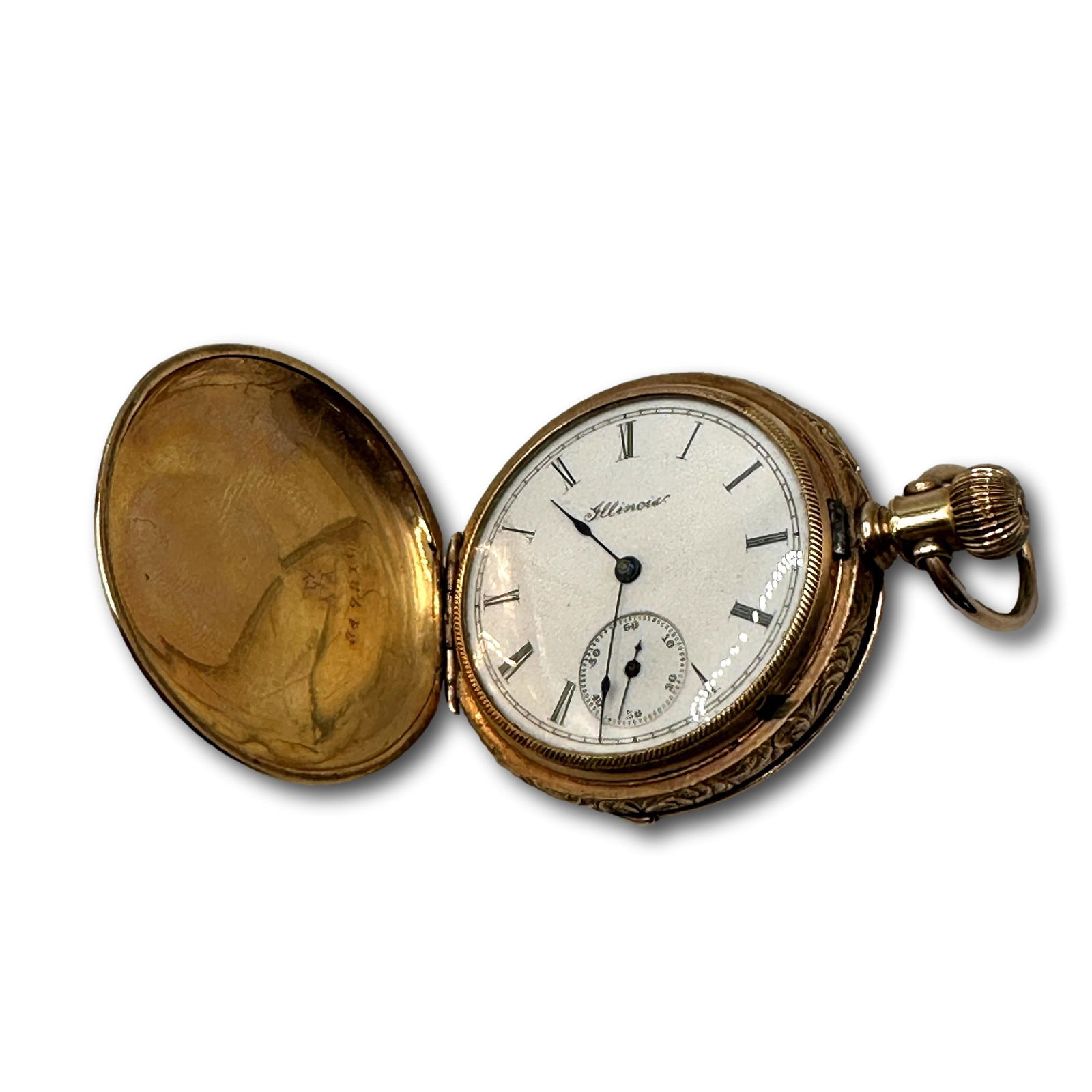 Illinois Watch Co Pocket watch in 14K Gold Case: Case is not marked but has been tested with an XRF gun at 14K gold purity. Total weight is 62 grams. Watch is not running. Refer to photos for additional condition information as they are a part of th