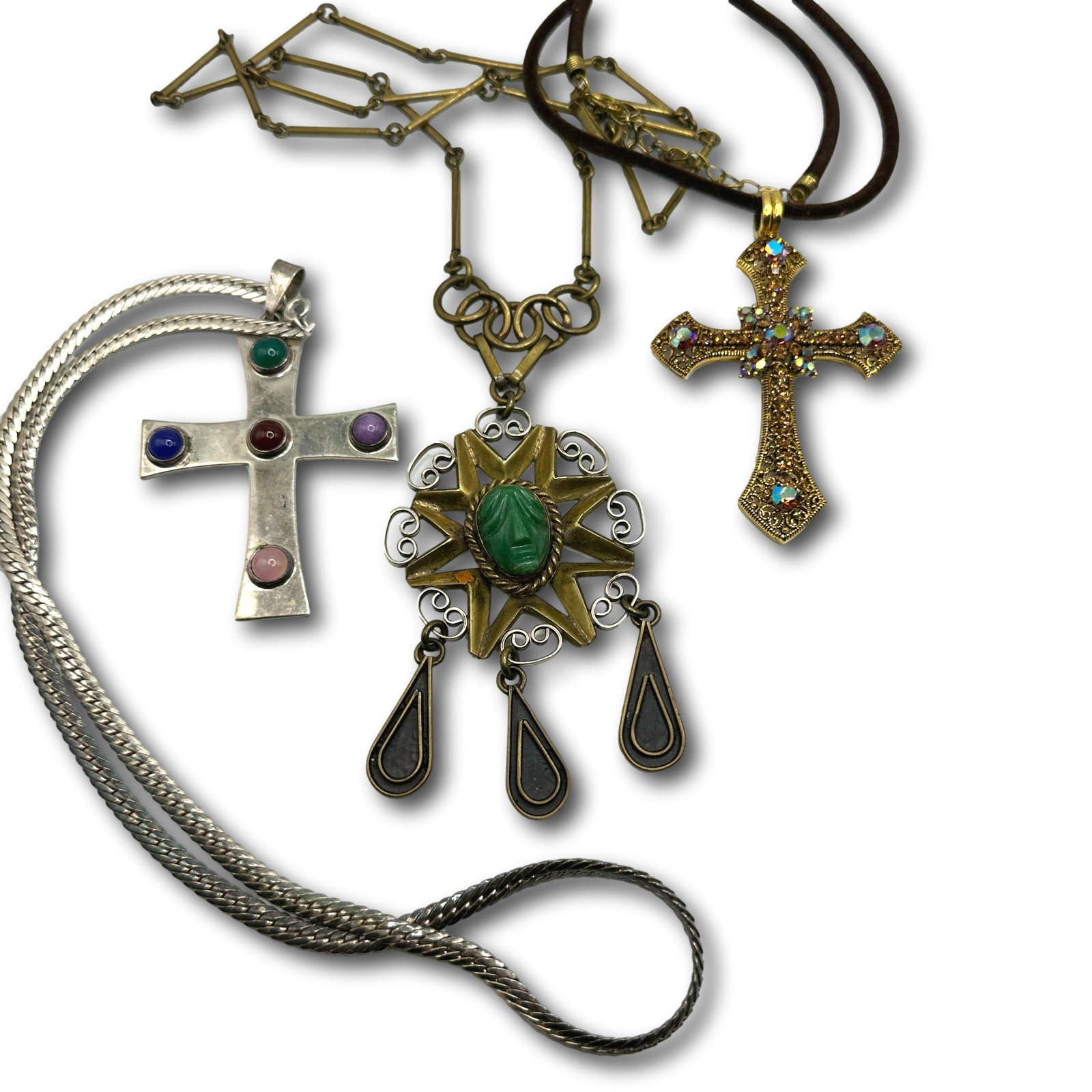 Vintage Mexican Brass Necklace with Sterling Cross & Costume Necklaces: Silver chain measures 22" from end to end. Brass necklace measures 24" from end to end. Cloth choker measures 16" from end to end. Refer to photos for additional condition information as they are a pa