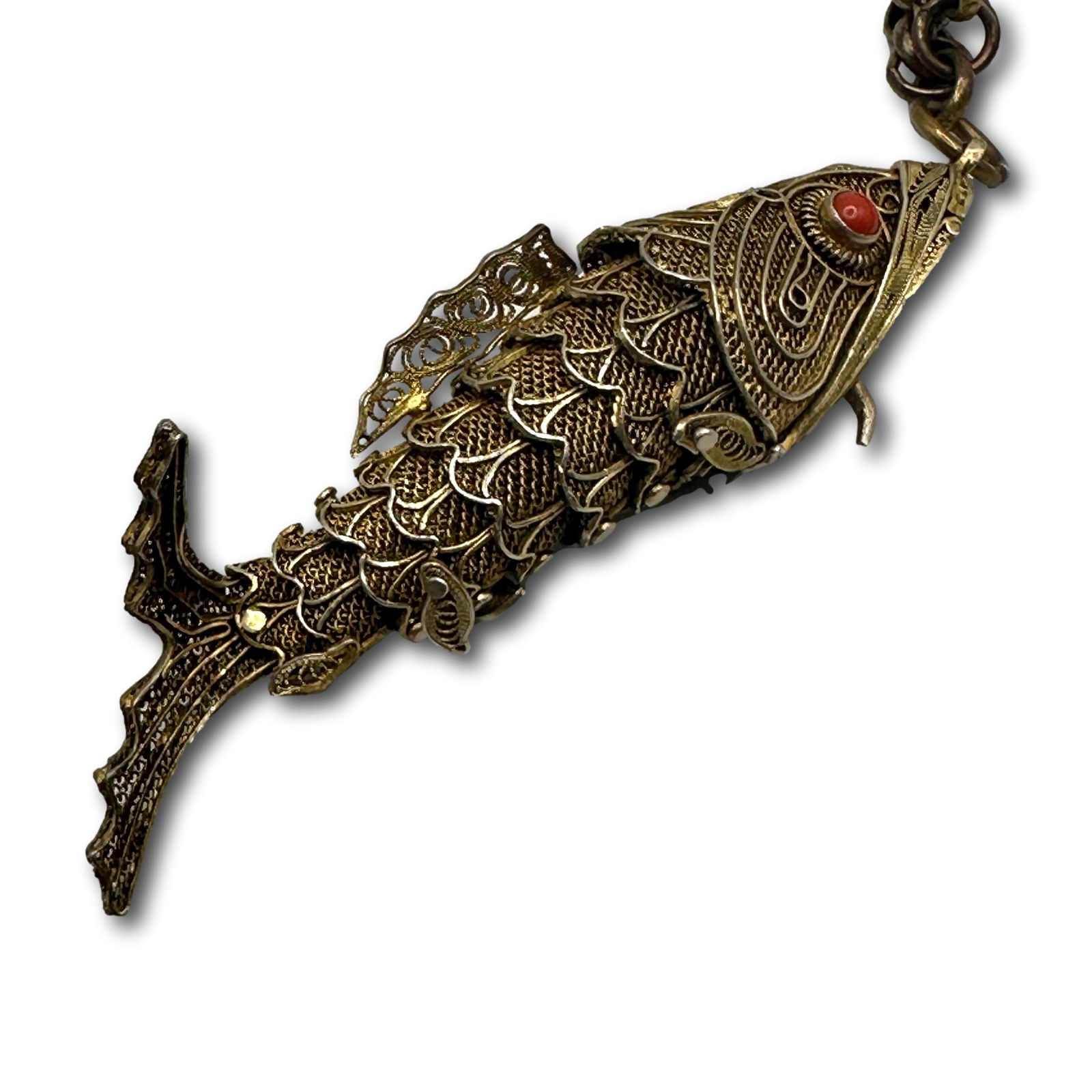 Vintage Chinese Silver Articulated Fish Vinaigrette on Chain: Refer to photos for additional condition information as they are a part of the description. Please note lots may show signs of wear commensurate with age and use, and the lack of a statement regarding