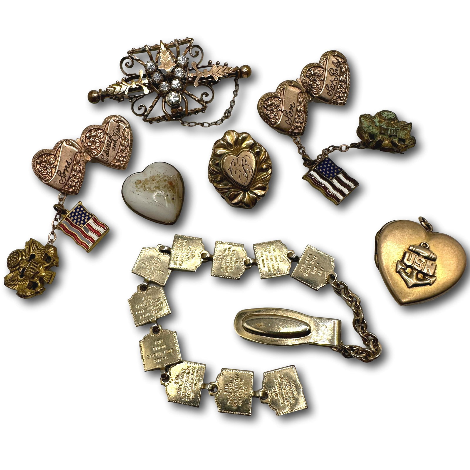 Lot of Antique Gold Filled Brooches & 10 Commandments Bracelet: Bracelet measures 7" long. Refer to photos for additional condition information as they are a part of the description. Please note lots may show signs of wear commensurate with age and use, and the la