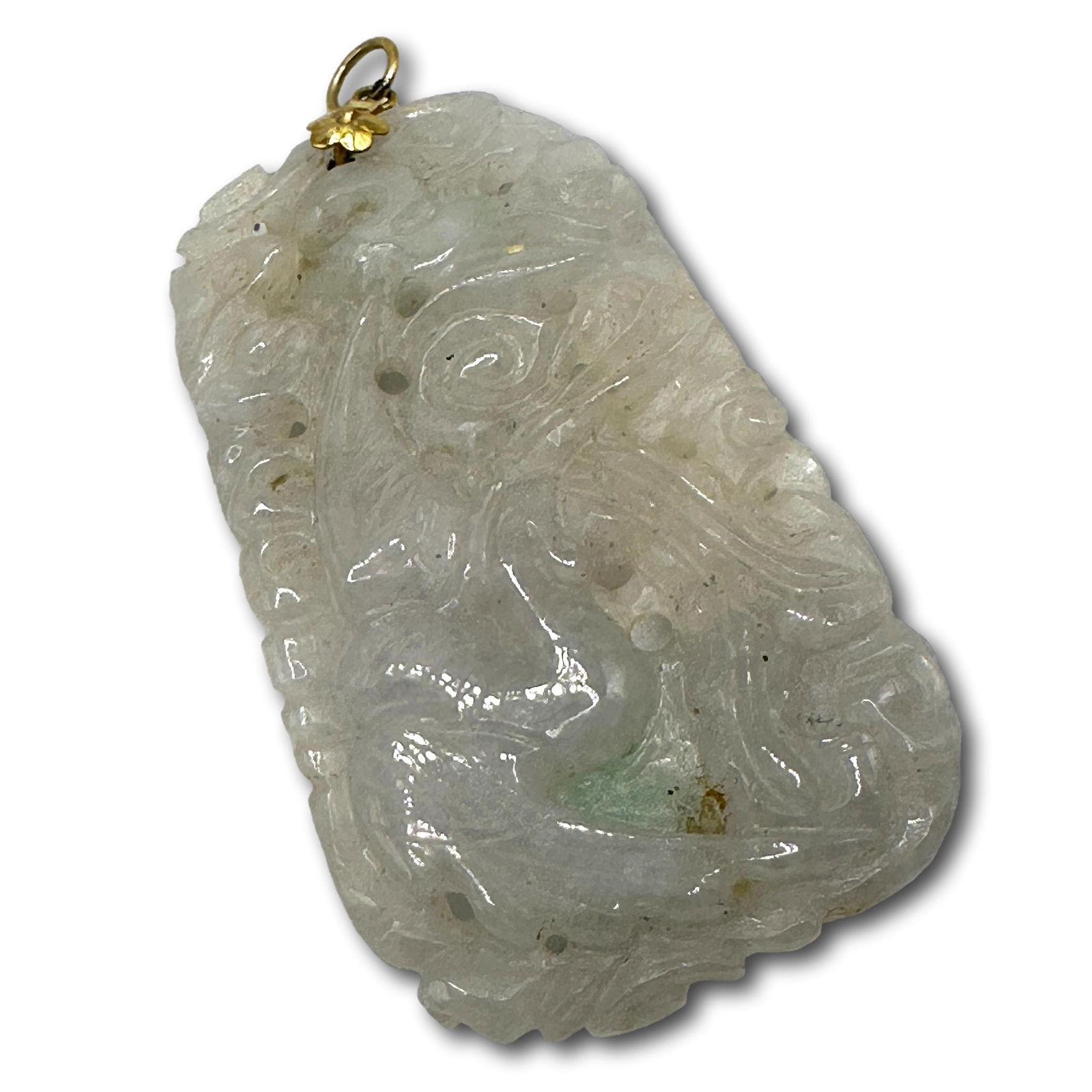 Carved Jade Pendant: Weighs 20 grams, measures 2 1/2"H x 1 1/4"W. Refer to photos for additional condition information as they are a part of the description. Please note lots may show signs of wear commensurate with age a