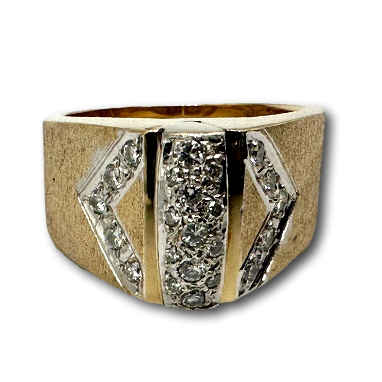 14K Gold and Diamond Ring: Weighs 17 grams. Size 8. Refer to photos for additional condition information as they are a part of the description. Please note lots may show signs of wear commensurate with age and use, and the lack