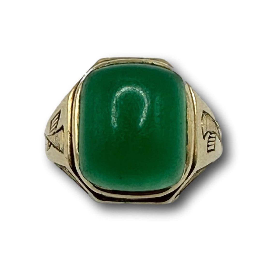 14K Gold and Jade Ring: Weighs 5 grams. Size 6 1/4. Refer to photos for additional condition information as they are a part of the description. Please note lots may show signs of wear commensurate with age and use, and the l