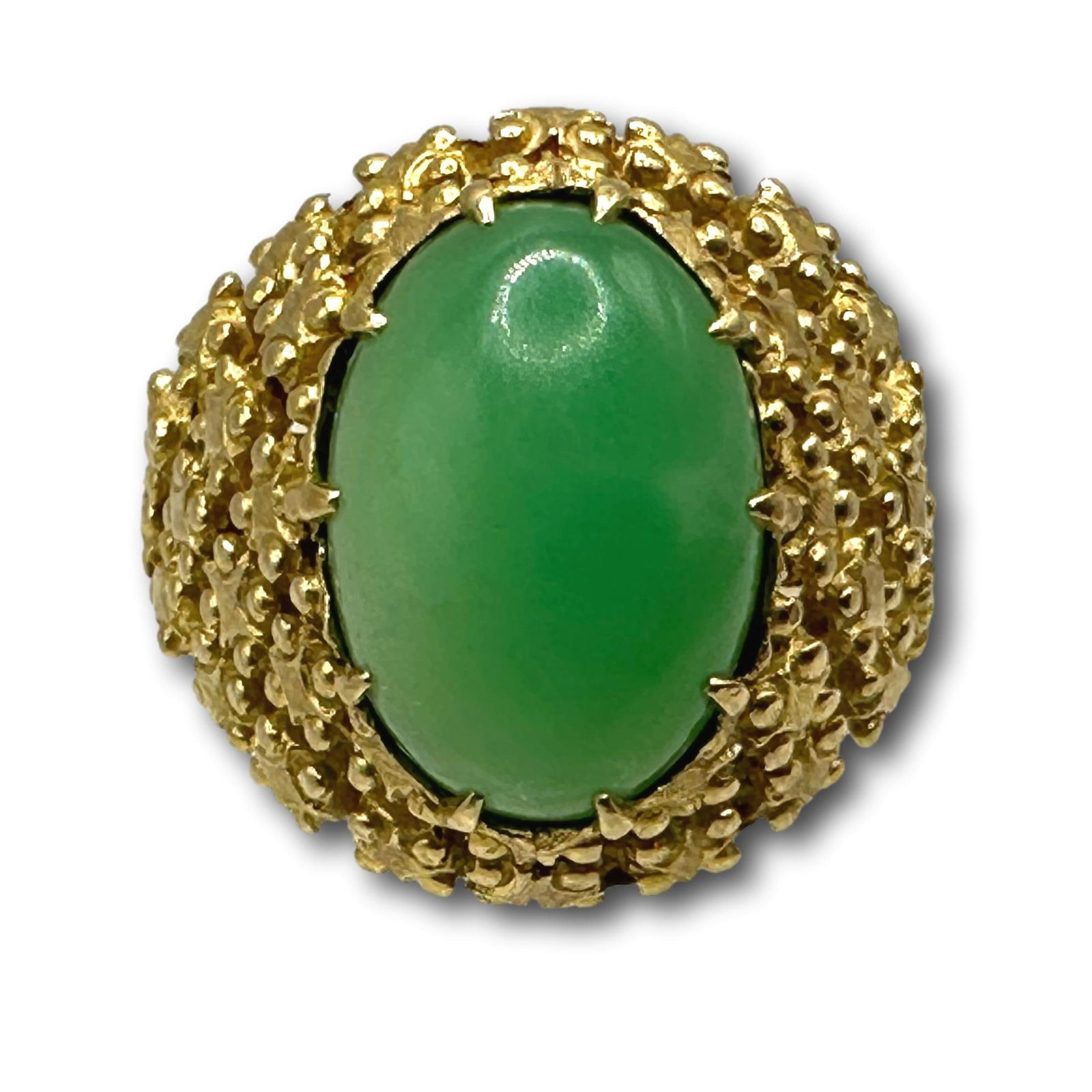 18K Gold and Jade Ring: Weighs 9 grams. Marked and tested to be 18K gold. Ring size 5. Refer to photos for additional condition information as they are a part of the description. Please note lots may show signs of wear comme