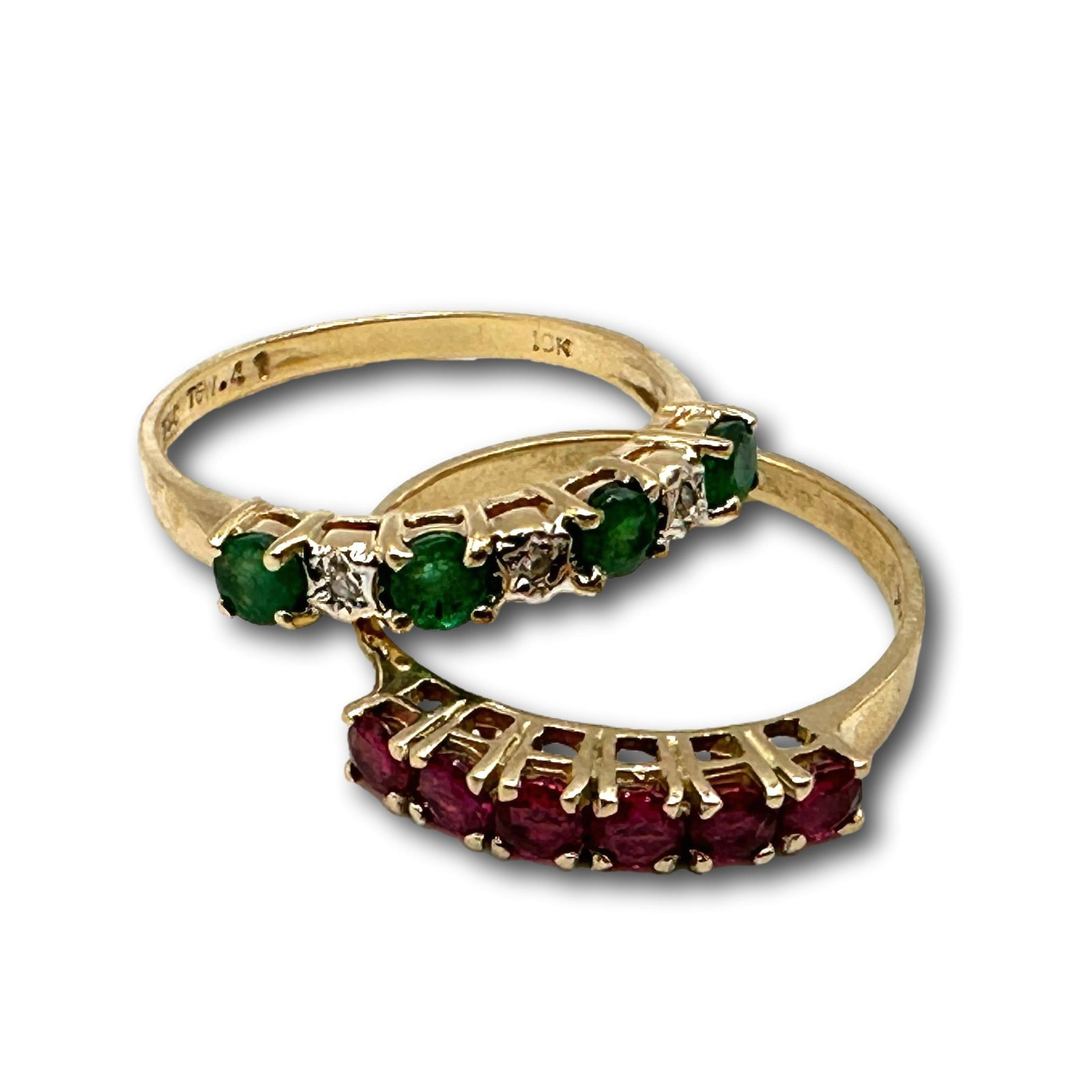 Pair of Gold Stackable Rings with Emeralds, Diamonds, and Rubys (1 of 5)