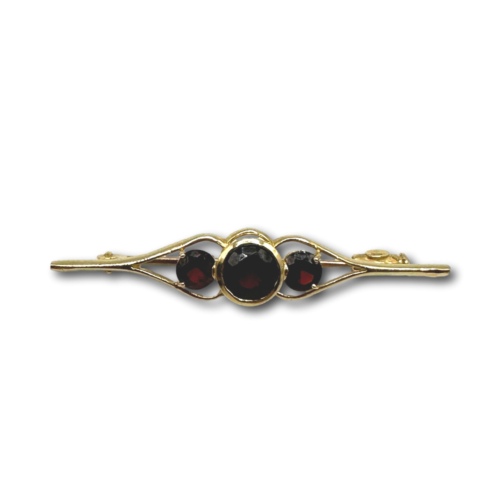18K Gold and Garnet Brooch Pin: Weighs 3 grams. Measures 1 7/8" long x 3/8" wide. Refer to photos for additional condition information as they are a part of the description. Please note lots may show signs of wear commensurate with 