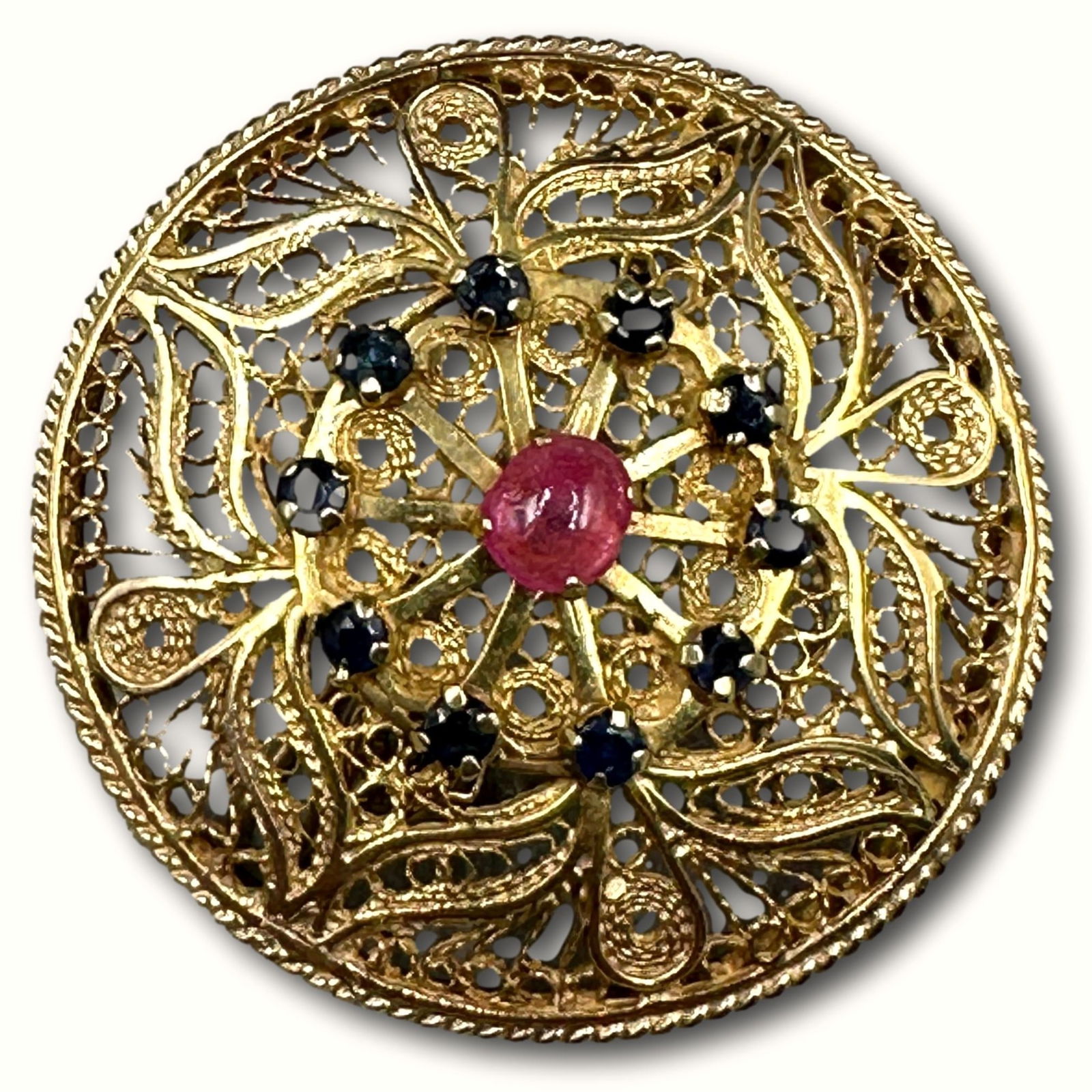 Ruby and Sapphire Pendant Set in 14K Gold Filigree Brooch Pendant (1 of 3)
