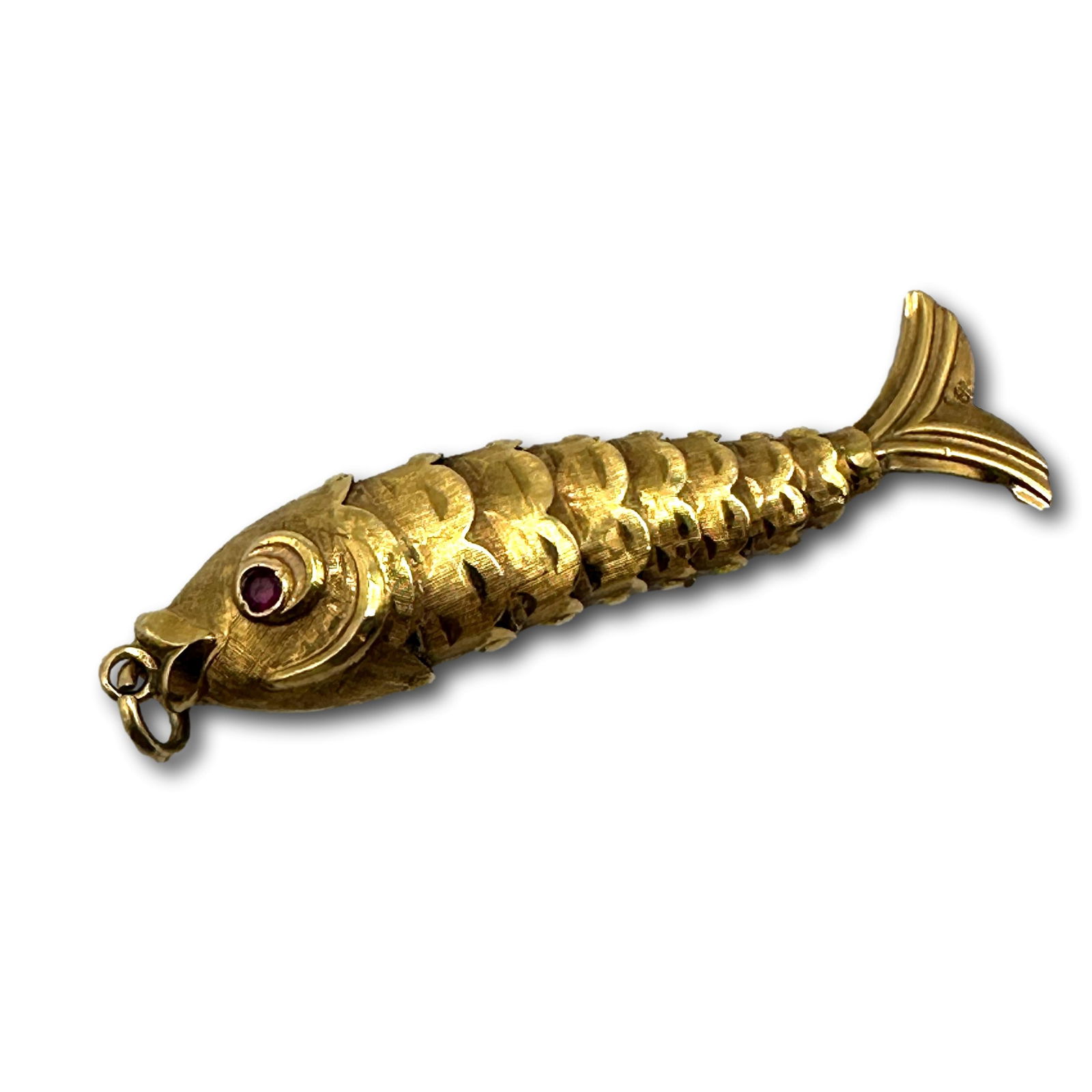 18K Gold Vintage Reticulated Fish Pendant with Ruby Eyes (1 of 3)