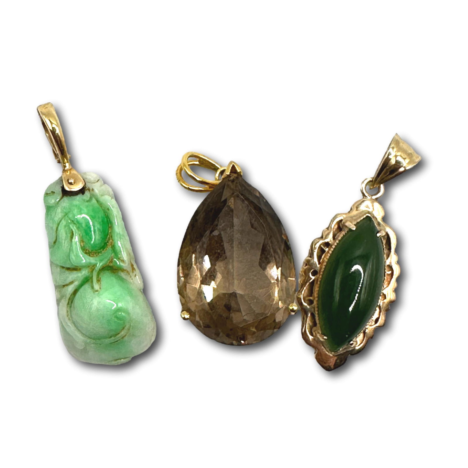Lot of 14K Gold and Jade Pendants: Total weight 19 grams. Carved jade pendant measures 1 3/8" tall for purposes of scale. Refer to photos for additional condition information as they are a part of the description. Please note lots may