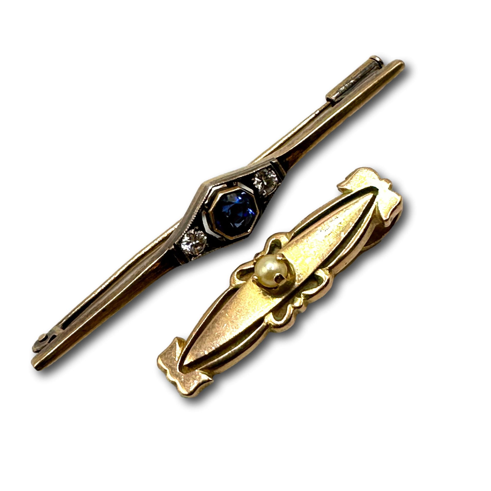 Vintage 14K and Pearl Pendant with a Diamond and Sapphire Bar Pin (1 of 5)