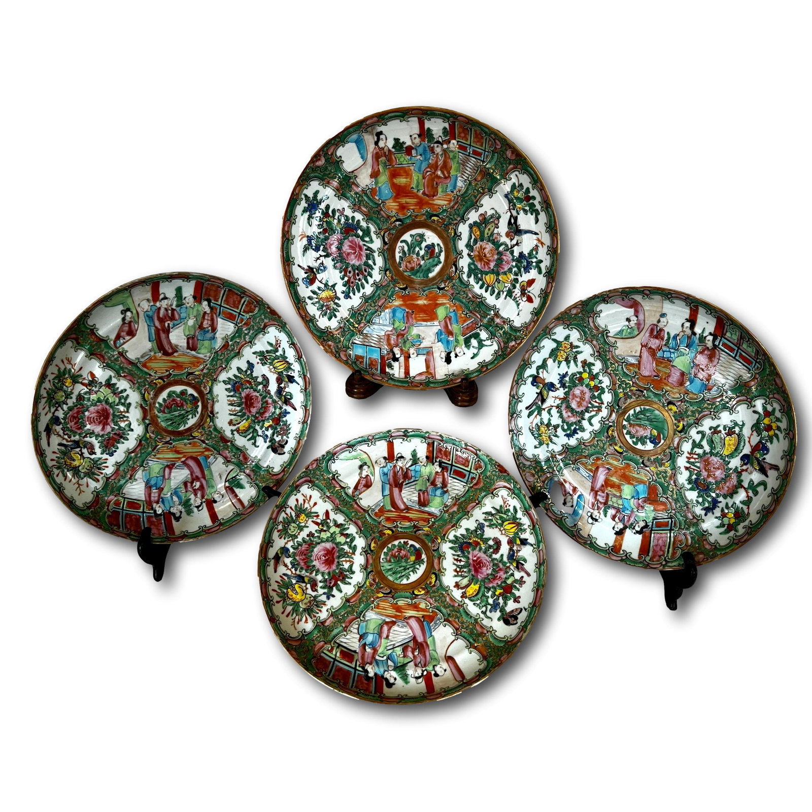 Set of Four Antique Famille Rose Medallion Plates: Each measures 9 1/2" diameter. Note some small glaze pops around the rims of two plates. Refer to photos for additional condition information as they are a part of the description. Please note lots ma