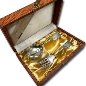 Antique Sterling Silver Boxed Set of Little Boy Children's Knife and Fork Set