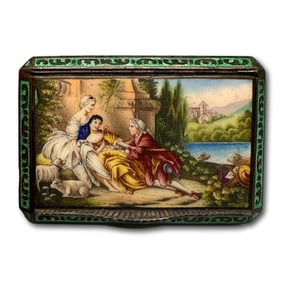 Antique Austrian Hand Painted Enamel and Guilloche Sterling Silver Compact