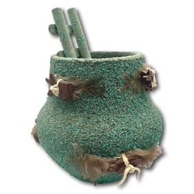 Zuni Turquoise Chip Fetish Pottery Bowl with Ladder