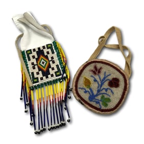Antique Native American Beaded Flower Bag with Beaded Pouch