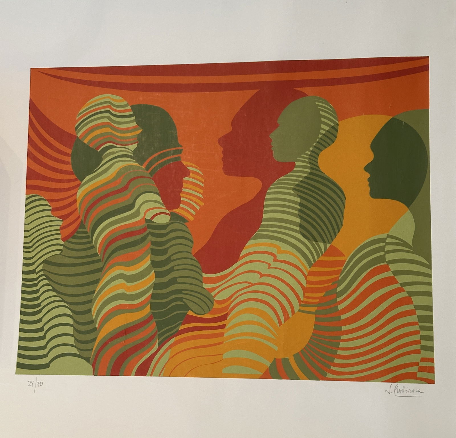 Josefina Robirosa Signed and Numbered Print: Robirosa is an Argentinian artist known for her paintings, murals, and drawings. Measurements including matting are 23 x 20". The print is numbered 28/70, indicating it is part of a limited edition of