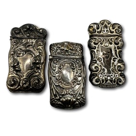 Lot of Three High Relief Repousse Antique Sterling Silver Vesta Match Safes