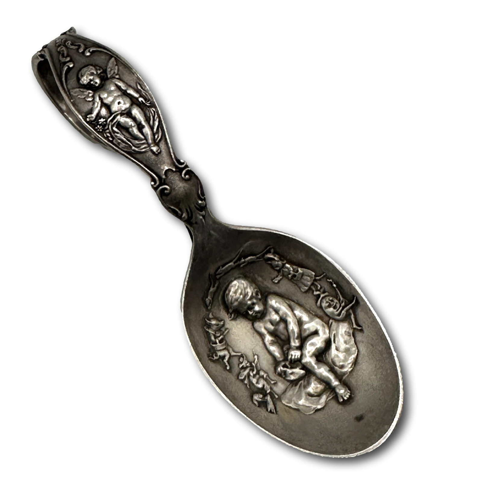 Antique Repousse Cherubs Nursery Rhyme Sterling Silver Child's Spoon: Measures 3 1/2" long. Weighs 20.6 grams. Refer to photos for additional condition information as they are a part of the description. Please note lots may show signs of wear commensurate with age and u