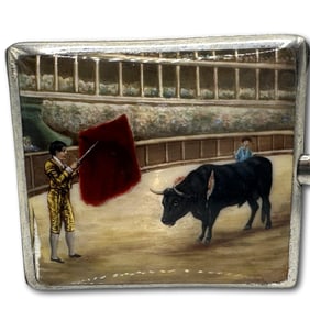 Sterling Silver and Enameled Bull Fighting Scene Cigarette Case
